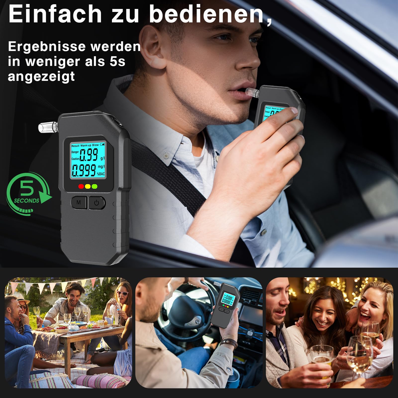 Alkoholtester, Promillemessgerät mit Digitaler LCD-Anzeige, Professioneller Alkoholmessgerät für 20 Mundstücke, Tragbarer Alkohol Tester für Den Persönlichen und Professionellen Gebrauc