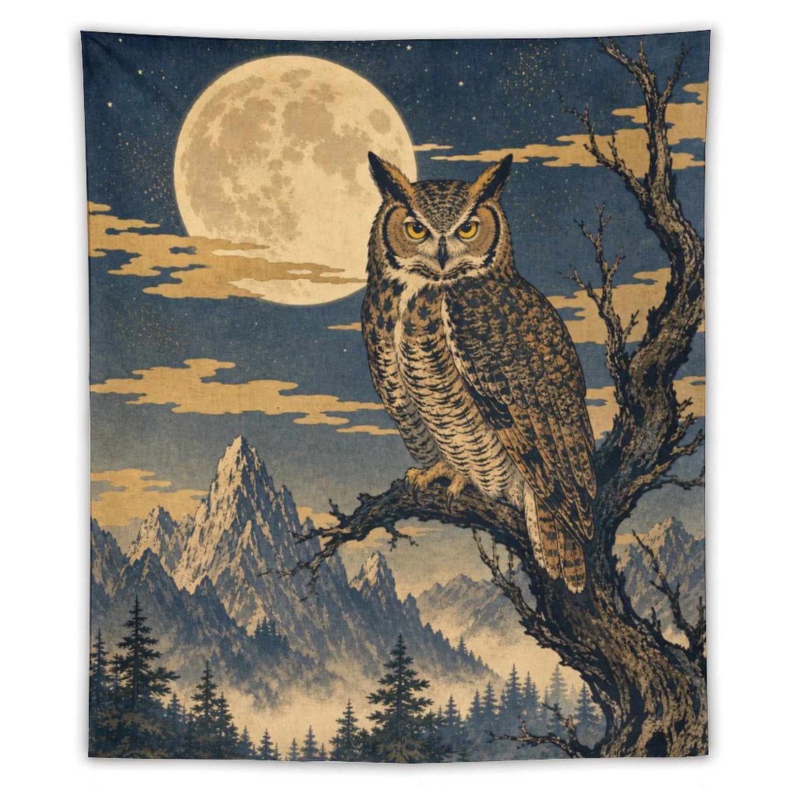 H3B8U2Y5 Moon Owl on Branch Wall Tapestry, Realistic Illustration, Bedroom