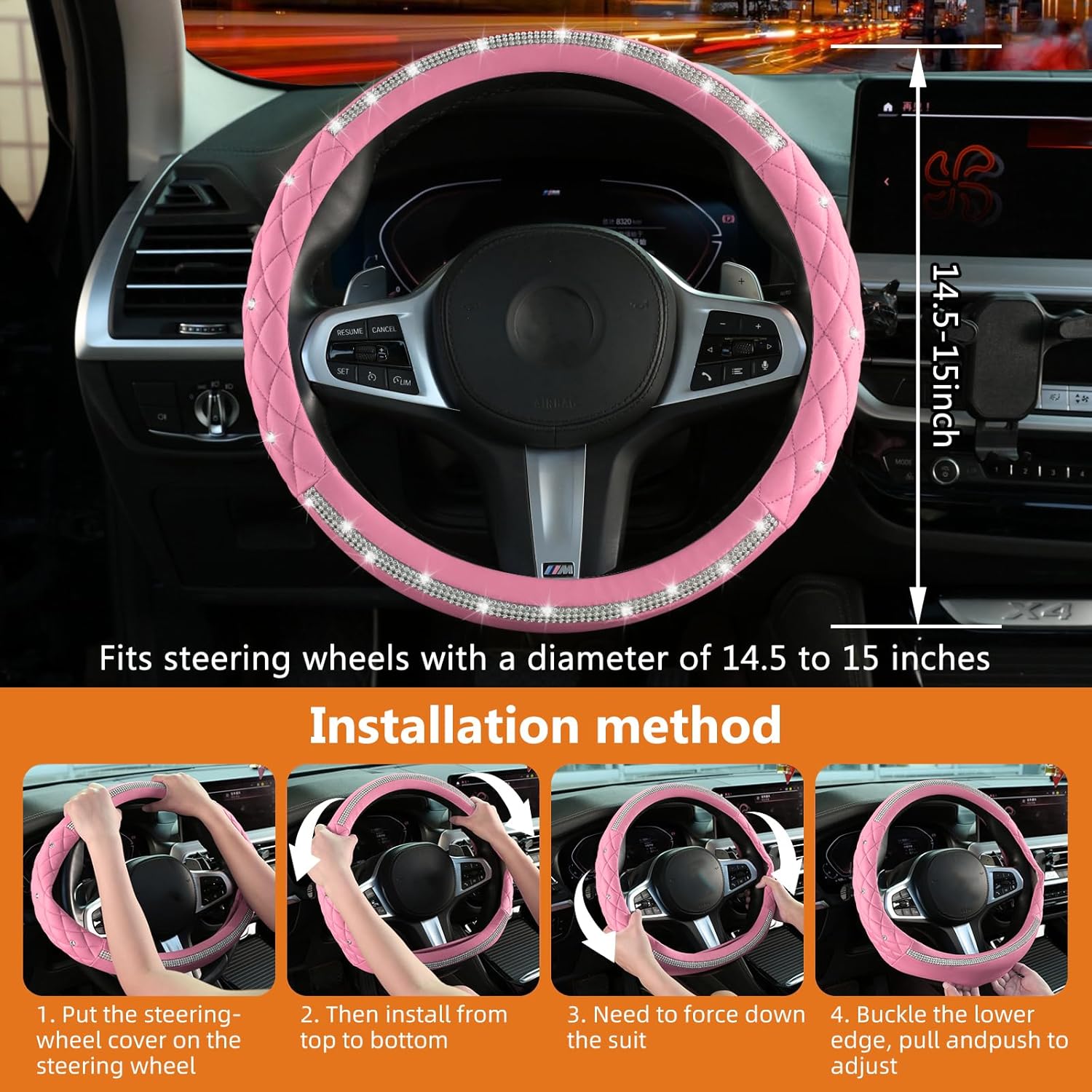 Diamond Steering Wheel Cover，14.5-15 Inch Car Steering Wheel Cover with Bling Crystal Rhinestone，Delicate and Anti-Slip Sparkly Car Wheel Protector for Women Girl，Pink - Image 6