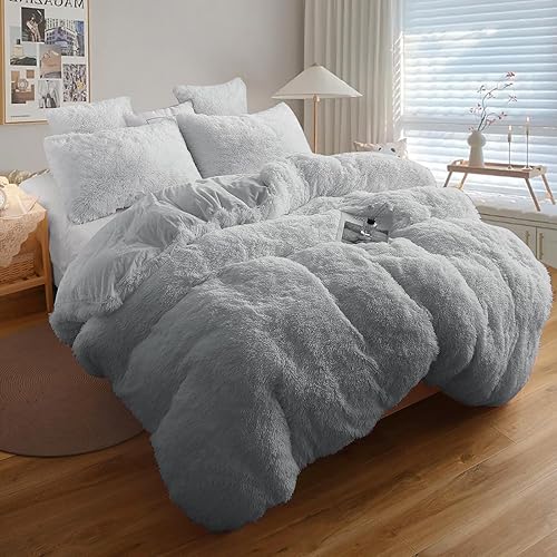 greenoak Funda de edredón de felpa, juego de cama tamaño Queen, funda de edredón esponjosa con dos fundas de almohada de lujo, funda de edredón