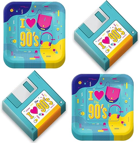 HOME & HOOPLA Suministros para fiestas de los 90 - Platos de postre de papel, platos de CD y servilletas de disco flexible en tamaños de cena y