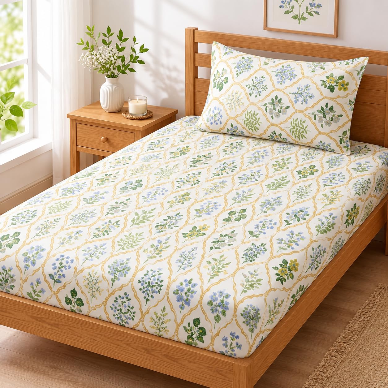 LOOMLYFE Microfiber Soft Cotton Single Bed Bedsheet for Diwan Bed, Size 60 Inches X 90 Inches, 152 X 230 cm with 1 Large Size Pillow Covers Without Joint - YellowJaipuri