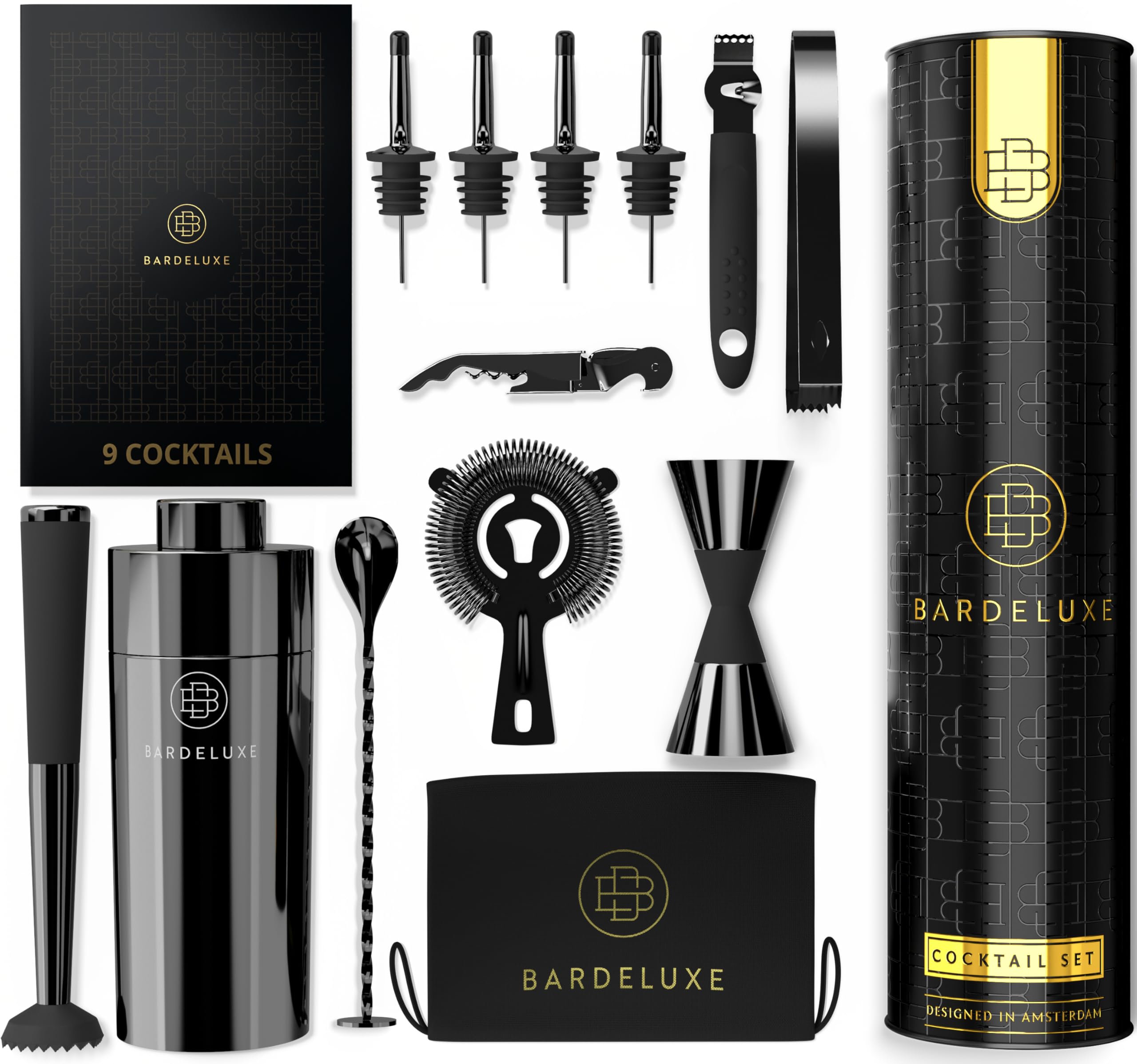 BarDeluxe® Cocktail Set 12-teilig, Barkeeper Set, Cocktail Mixer Set | 750ml Cocktailshaker Edelstahl, Cocktail Shaker Set, Bartender Set | Luxus Cocktail Geschenkset