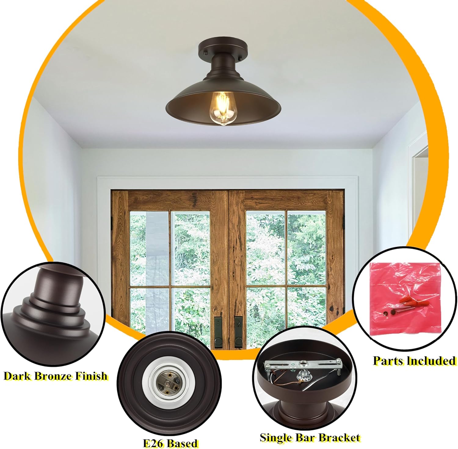 Farmhouse Semi Flush Mount Ceiling Light Fixture, Oil Rubbed Bronze E26 Based Socket, 9 Inch Metal Ceiling Mount Barn Light for Bedroom, Kitchen, Hallway, Laundry, Foyer