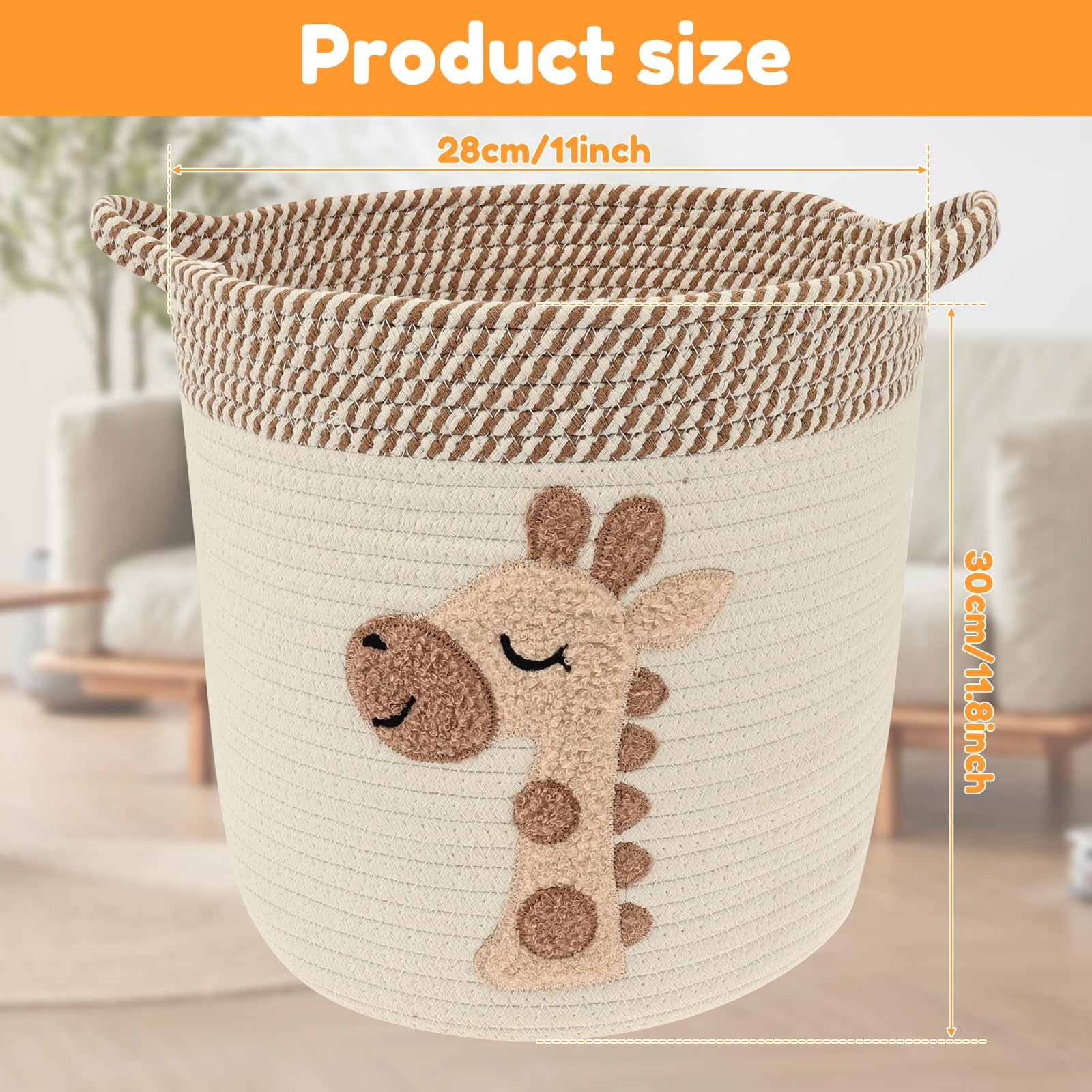 Toy Storage Basket,Woven Cotton Rope Storage Baskets with Embroidery Decor for Kids,Laundry Blanket Basket Dirty Clothes Baskets with Handles for Living Room,Nursery,Kids Bedroom - Image 2