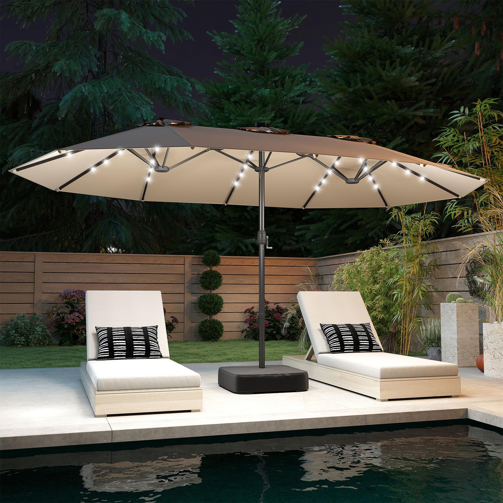 COSTWAY Parasol de Jardin Exterieur Double 4,6 x 2,85 M avec Base Lestée, Grand Parasol Rectangulaire avec 48 LED Solaires, Manivelle, Protection Solaire UV, pour Terrasse, Piscine, Gîte (Beige)