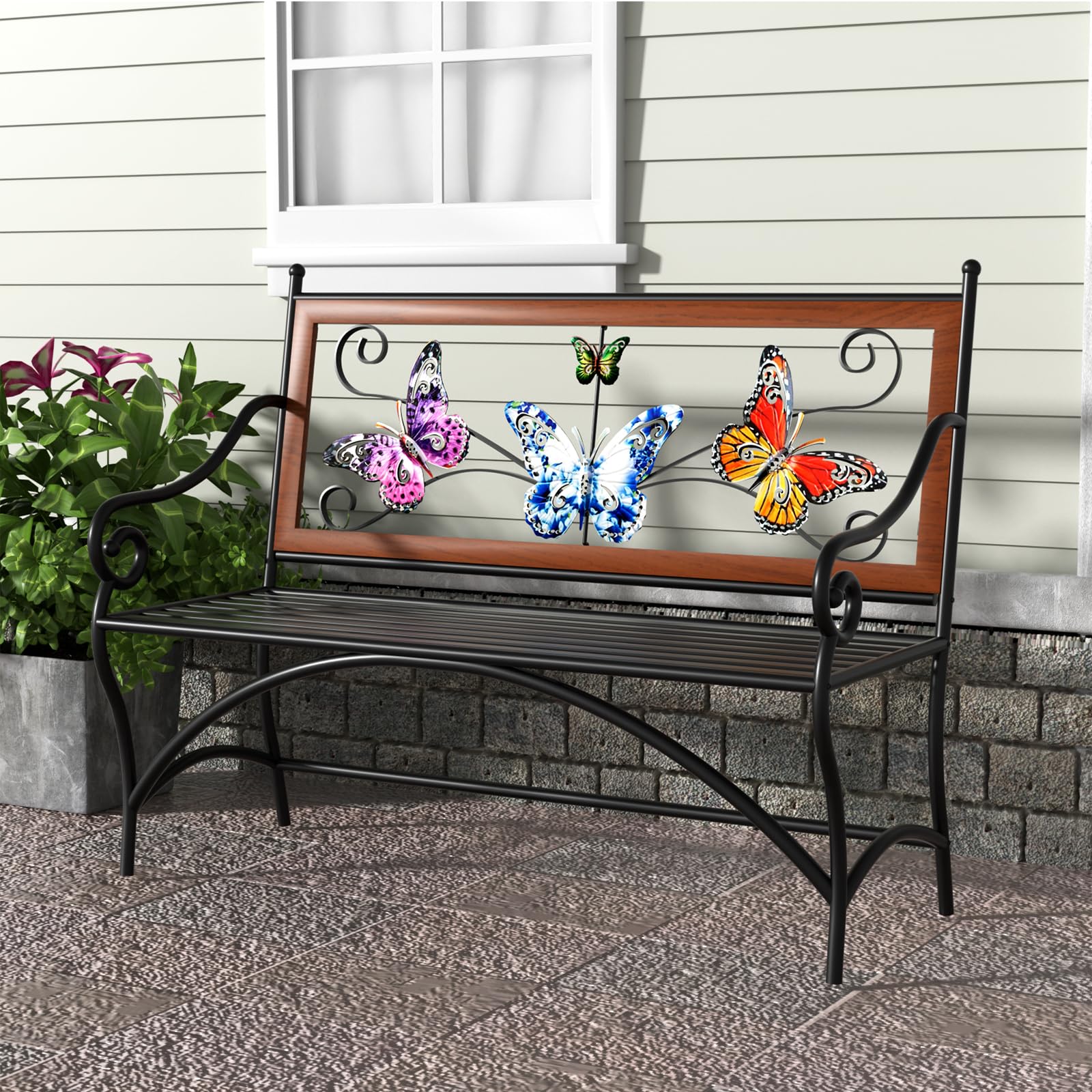Banco para exteriores de 39.7 pulgadas, banco de jardín, banco de patio con reposabrazos, asiento de listones y respaldo con patrón de mariposa para exterior, porche delantero, parque, césped, patio 5