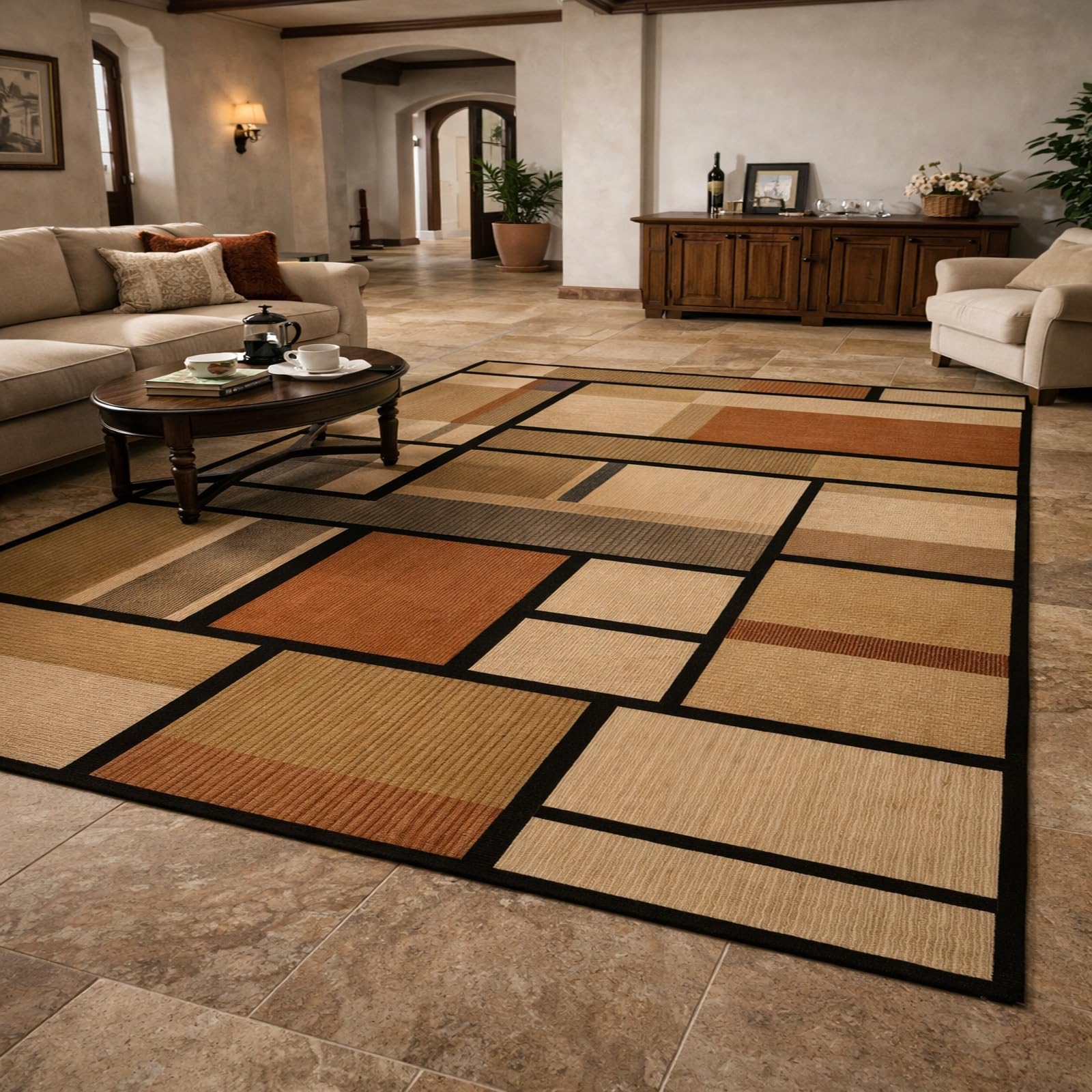 Tapis lavable en machine géométrique beige pour une entrée propre