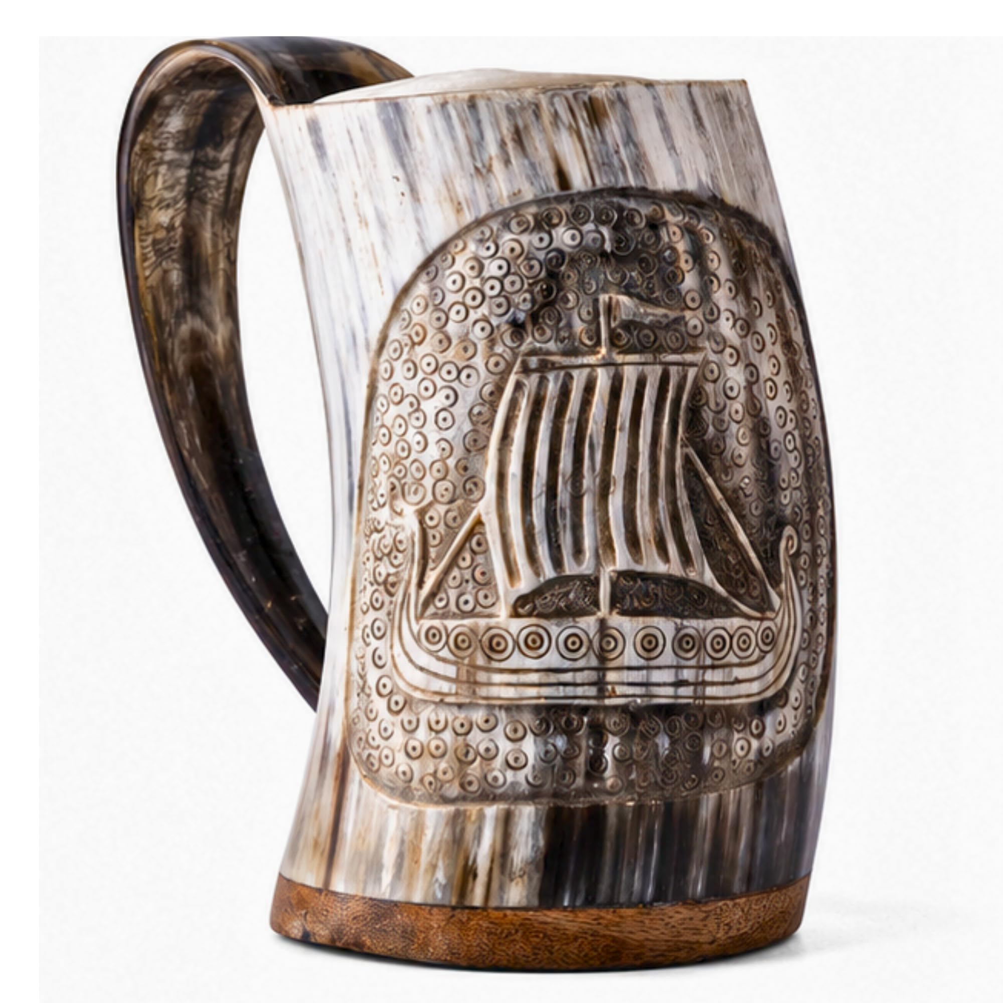 Natural Handcrafted Horn Tankard, Viking Ship Style, Multicolor
