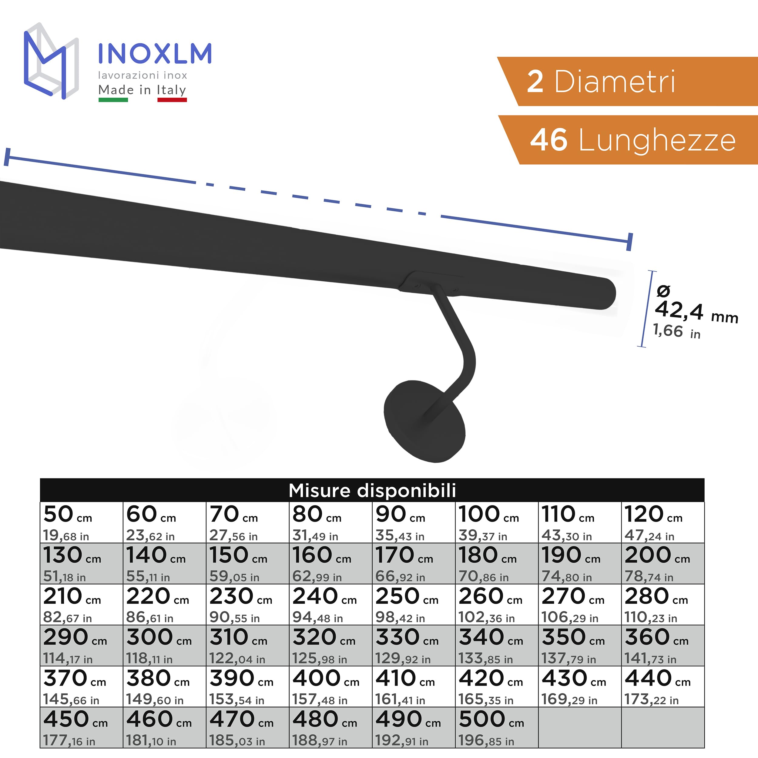 INOXLM - Pasamanos 42,4 mm de acero pintado Negro | Pasamanos de acero fabricado en Italia color negro | Pasamanos de bricolaje marrón | Pasamanos escalera interior | Escalera exterior (190 cm,