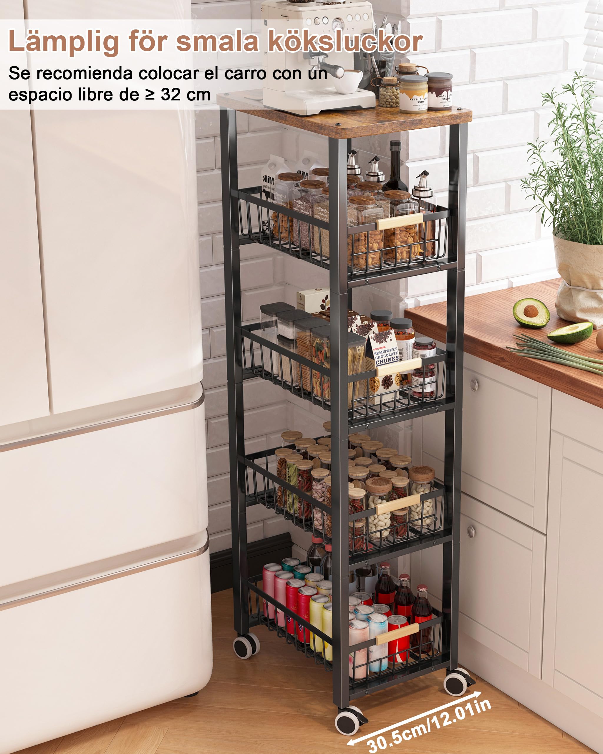 Verdulero Cocina con Ruedas,Carrito de Cocina con Ruedas 5 Niveles,Verdulero Cocina de Placa Superior, Negro