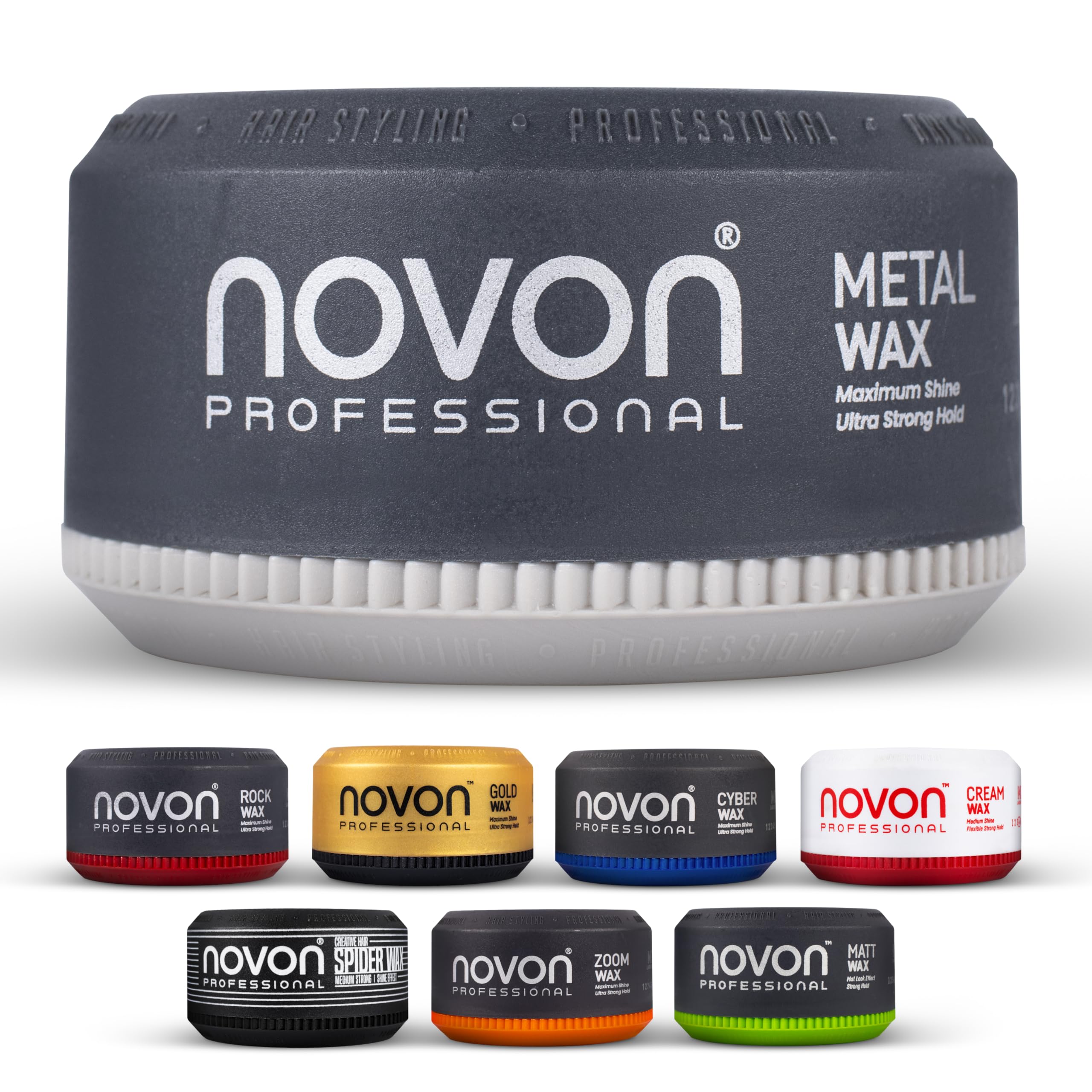 6 x Novon Professional Metal Wax | 150 ml Haarwachs | spiegelnder Glanz | kraftvoller Halt für definierte Styles|frischer Erdbeerduft | geeignet für besondere Anlässe | auch kinderfreundlich