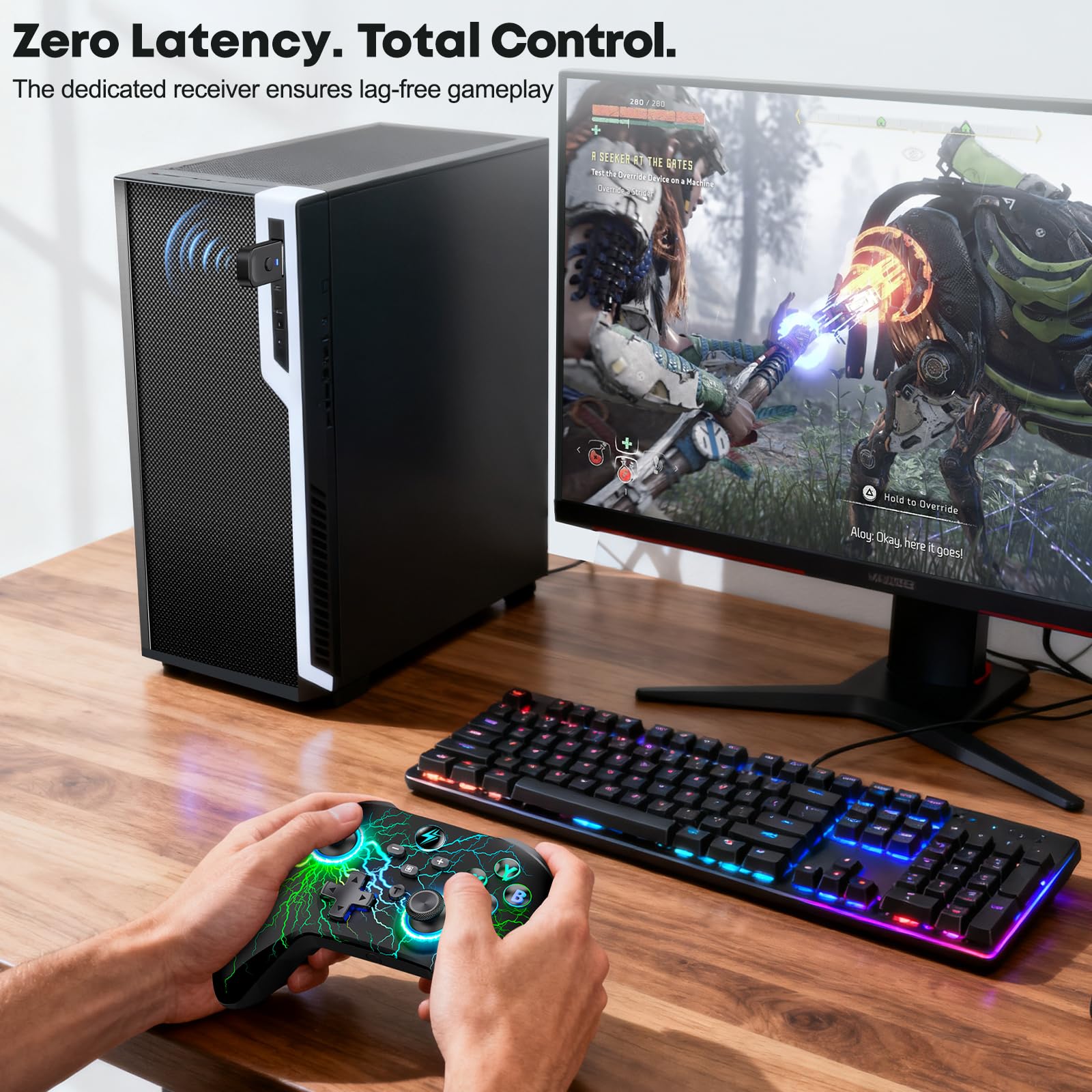 HELLCOOL Controller PC per Windows/Switch 2/Android/IOS, controller wireless per PC da 1000 mAh con frequenza di polling 2,4 G e 1000 Hz cablato, controller di gioco per PC con turbo/vibrazione/staffa
