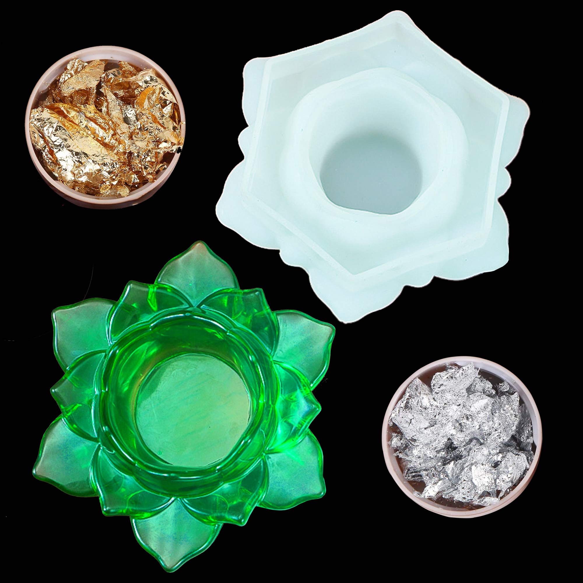 Silicone Molds for Epoxy Resin, Lotus Tealight Candles Holders Resin Mold with Gold Foil Flakes,Silver Leaf Flakes,Flower Candlestick Epoxy Casting Silicone Molds for Home Bedroom Table Decoration