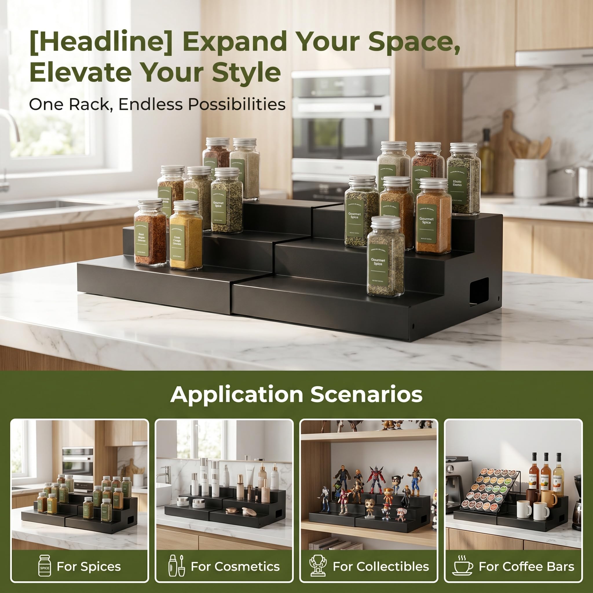 Organizador de latas de metal expandible para despensa, organizador y almacenamiento de especias de 3 niveles, organizador de encimeras de cocina, organizador de despensa de latas, pedestales de