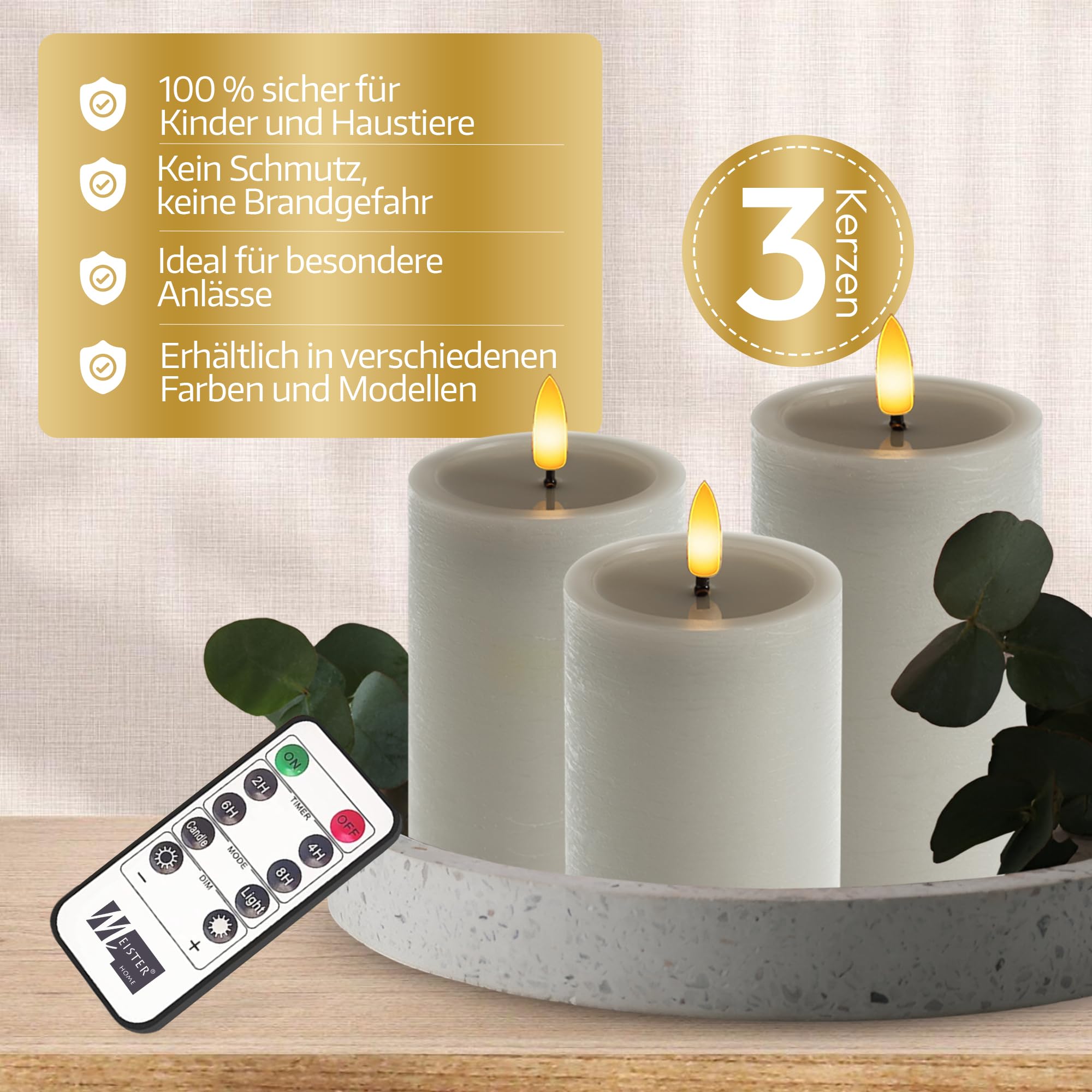 Meisterhome Juego de 3 velas LED grises, sin llama, con llama parpadeante, diseño rústico, con mando a distancia y temporizador, funciona con pilas, blanco cálido, 10/12,5/15 cm de alto