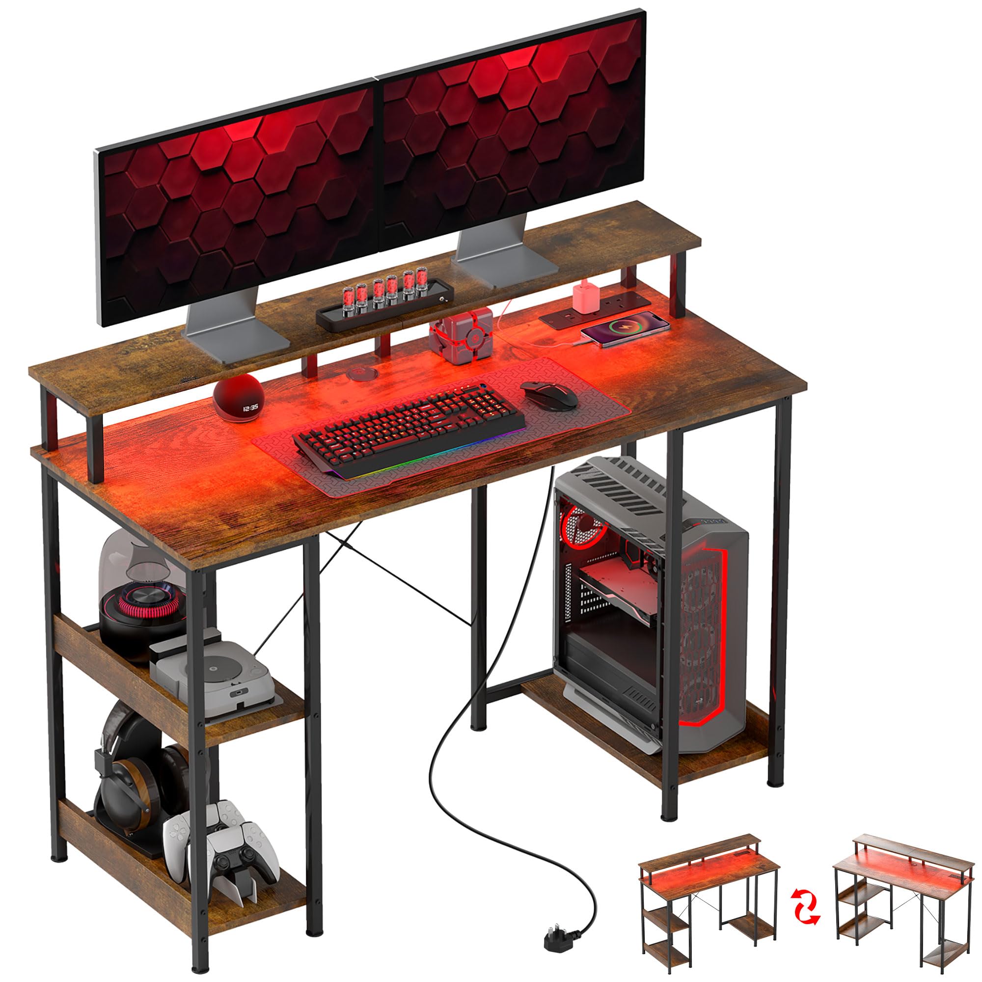 HOMCOM Reversible Computer Desk - LED Light - Brown
