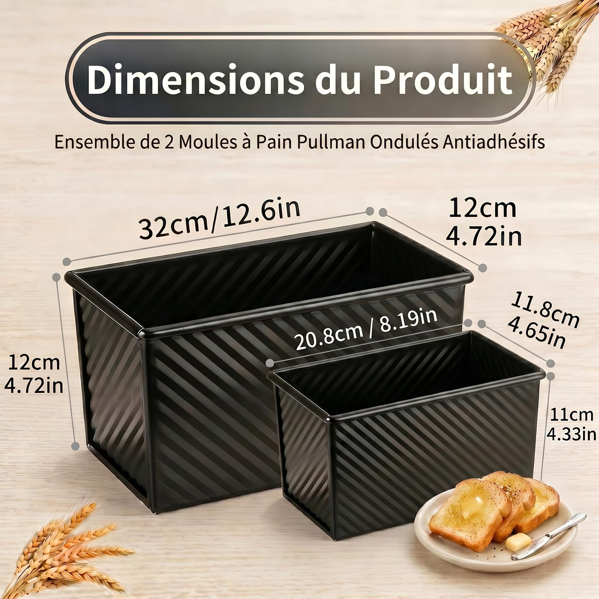 Lot de 2 1000+ 450g Moule Pain de Mie, Moule a Pain de Mie avec Couvercle, Acier au Carbone, Répartition Uniforme de la Chaleur, Idéal pour le pain de Mie et la Boulangerie Maison, Noir