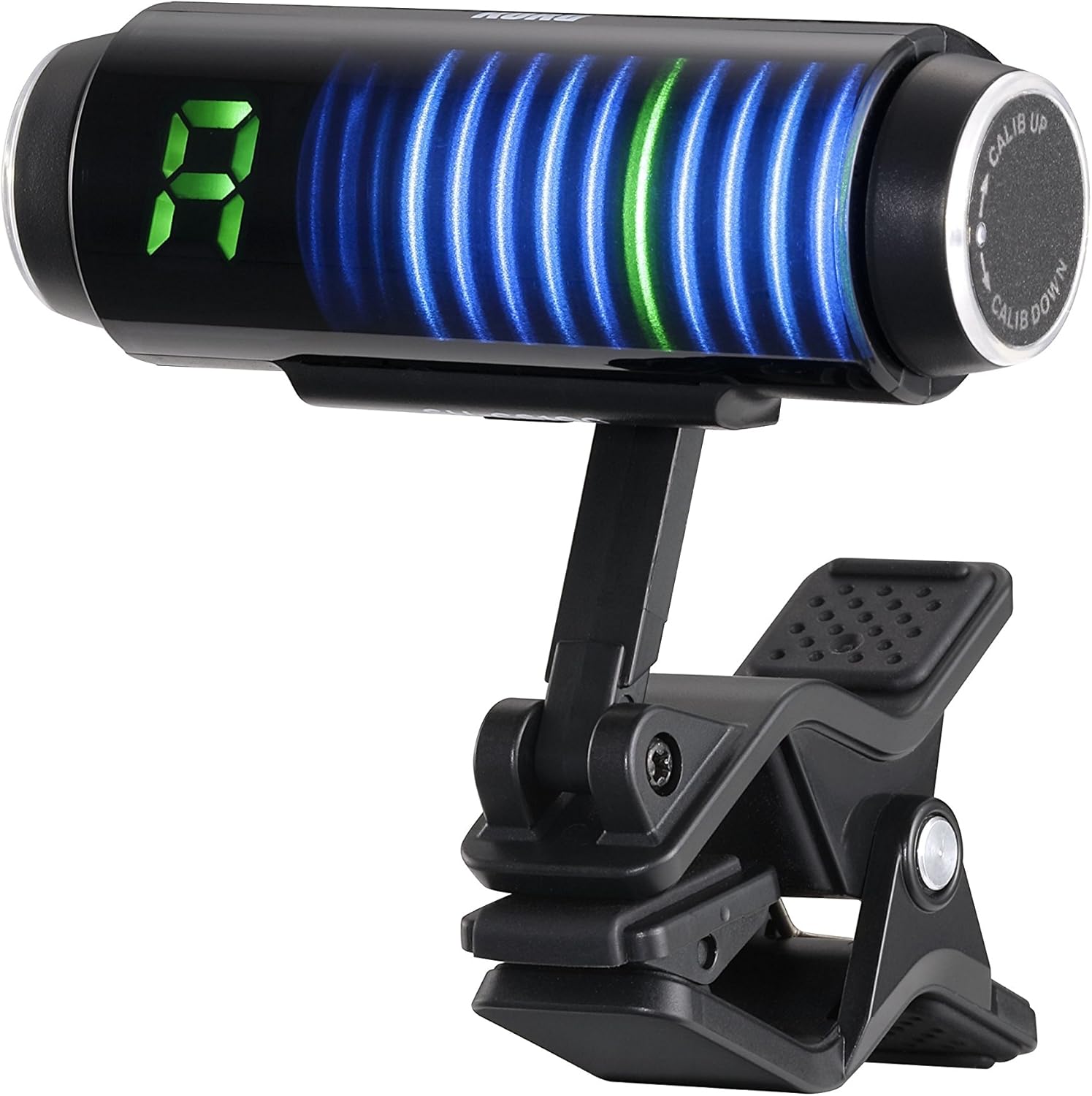 Фронт view of Korg SH-CS100 tuner display showing a note and tuning indicators.