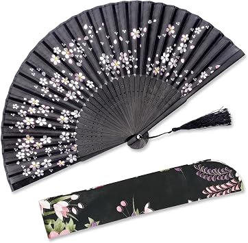 OMyTea Sakura Folding Hand Held Fan for Women - Chinese/Japanese/Oriental/Asian Style - with a Fabric Sleeve for Protection Little Sakura