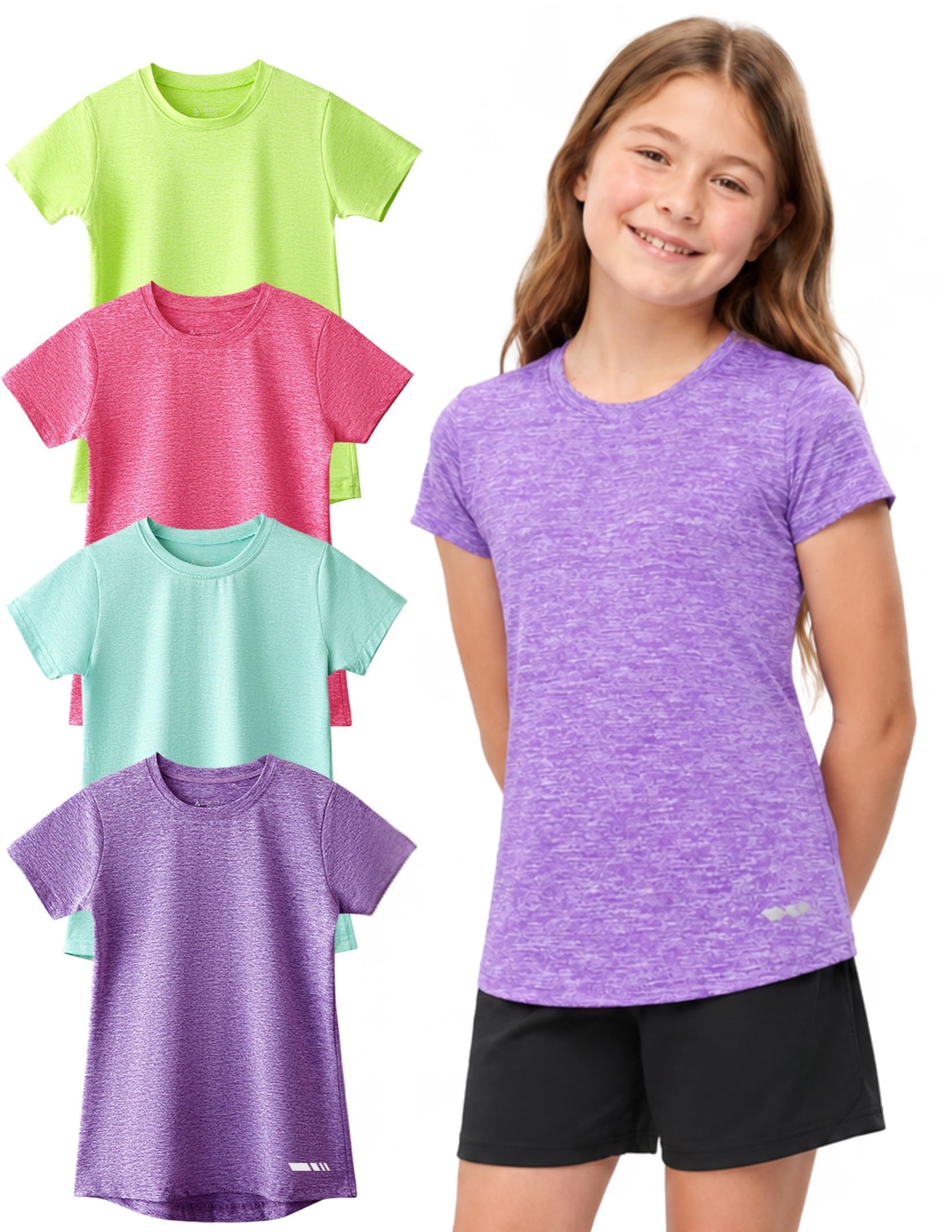4 Pack: Youth Girls Athletic Shirts, Short Sleeve Dry Fit Apparel Tech Tshirts, Sports Activewear for Kids Teens