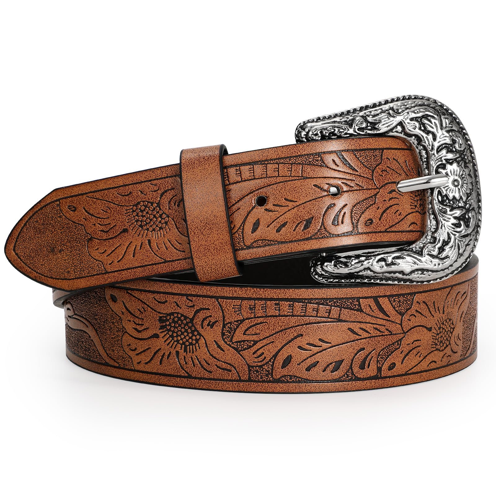 TRIWORKS Adjustable Vintage Western Belts for Women Men Cowboy Cowgirl Belt Engraved Buckle Belt for Jeans Pants Dresses