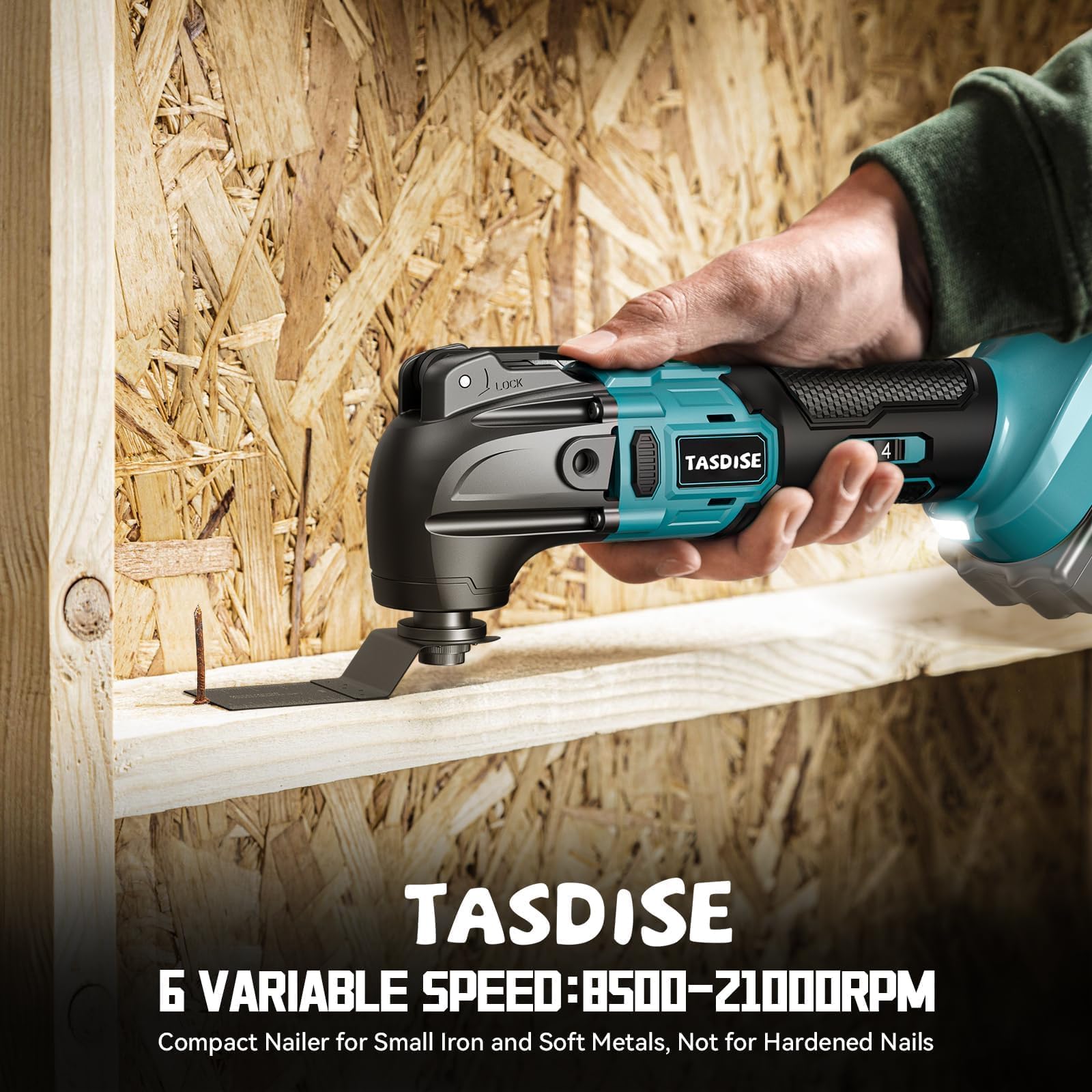 TASDISE Utensile Multifunzione Oscillante 350W, per Batteria Makita 18 V, 8500-21000RPM, 6 Velocità Regolabili, Strumento Multifunzione er Raschiatura, Taglio, Lucidatura, 21 Accessori, Senza Batteria