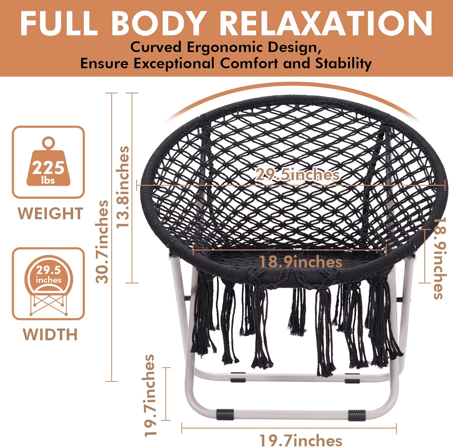 Saucer Chair with Folding Metal Frame, 100% Cotton Handmade Round Cozy Chairs, Exquisite Moon Chair for Bedroom, Living Room Décor,Black : Home & Kitchen