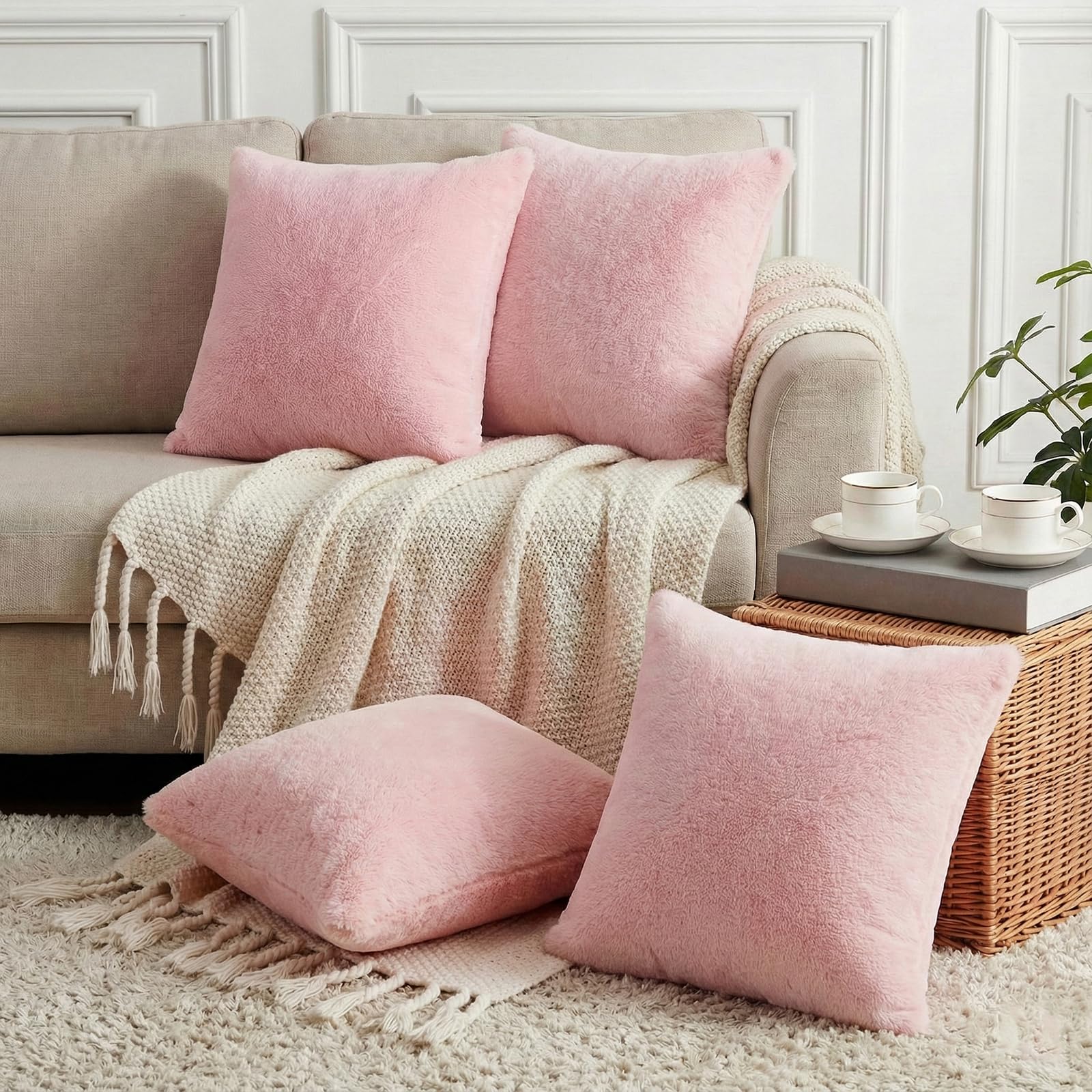 Thmyo 4-Pack Faux Fur Cushion Covers Fluffy Soft Throw Pillow Cases Super Soft Plush Cushion Covers Fashion Home Decorative Pillowcases for Sofa Bed Couch,Pink,18x18inch