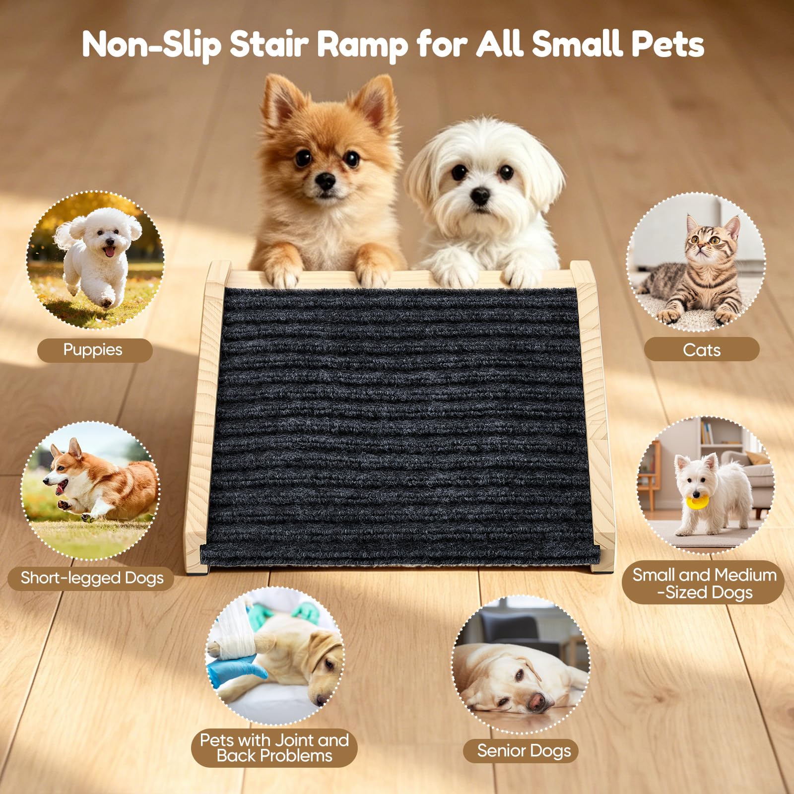 4 scale per cani di piccola taglia, in legno | Scaletta antiscivolo per cani con tappeto, rampa per cani di piccola taglia, angolo basso, per letto e divano