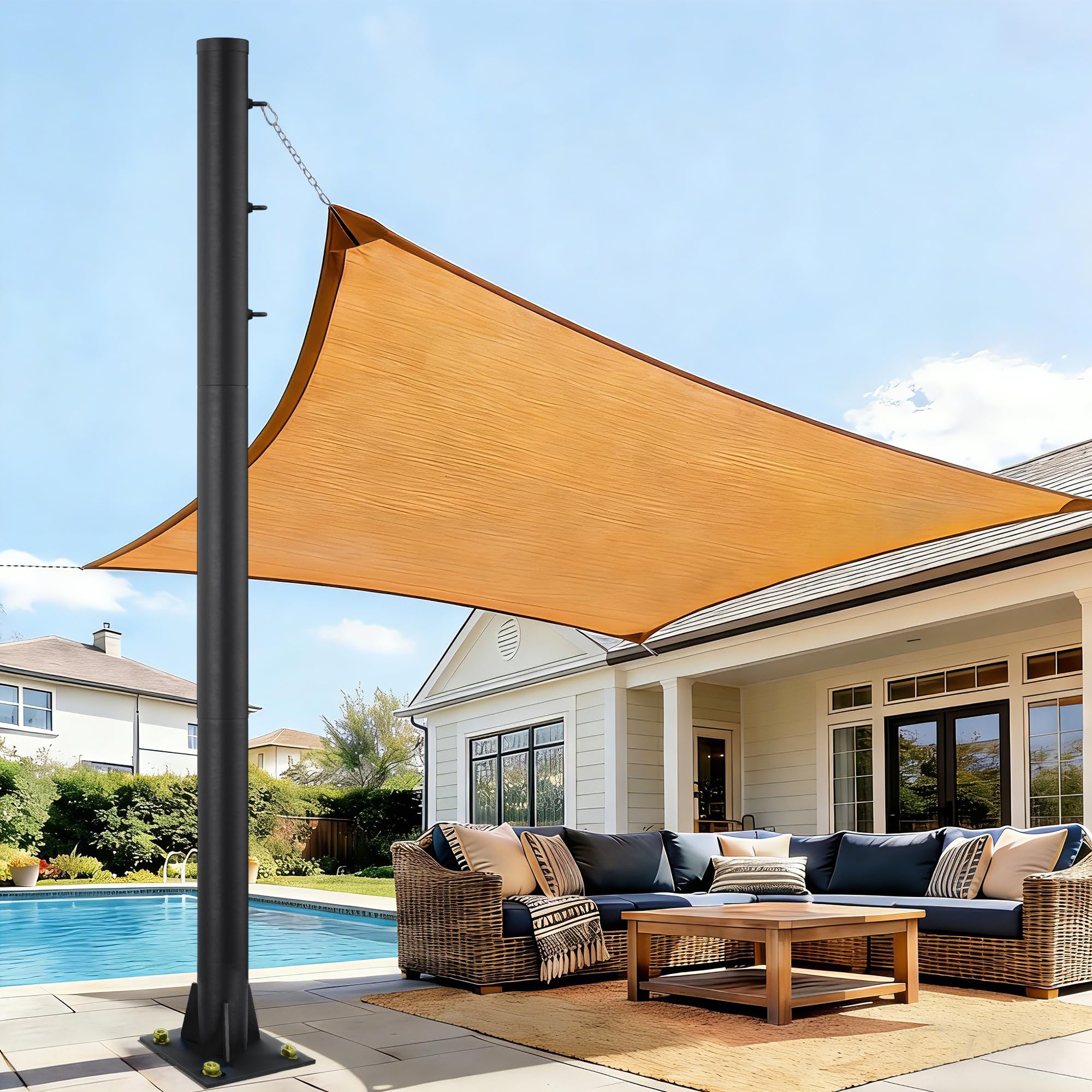 View 1 of 10ft Sun Shade Pole, 3" Diameter Heavy Duty Metal, Black Shade Sail Pole with 3 Rings for Patio, Deck, Playground, Backyard & Playground, One Pole