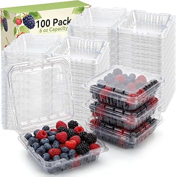 Qinyoung 100 Pcs 6oz Berry Clamshell Containers with Lids Small Clear Plastic Vented Strawberry Container Box for Fridge Fruit Blueberries Raspberries Herbs Market Shop Food Storage 4.9x4.4x1.2 Inch