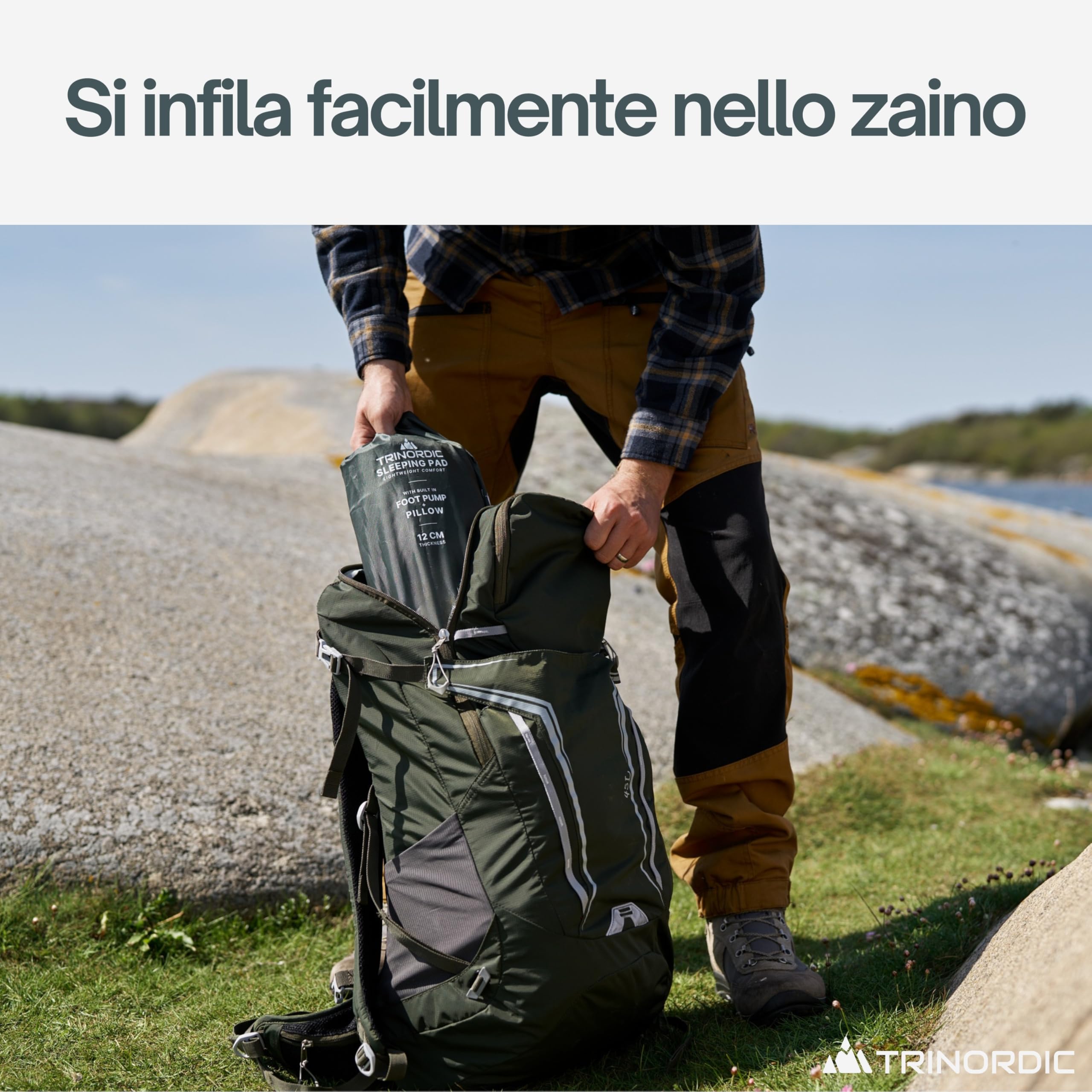 Trinordic Materassino Gonfiabile Spesso Campeggio - 12 cm Extra Spesso e Largo con Pompa a Pedale e Cuscino - Materasso Gonfiabile Singolo Leggero per Avventure, Trekking e Bikepacking