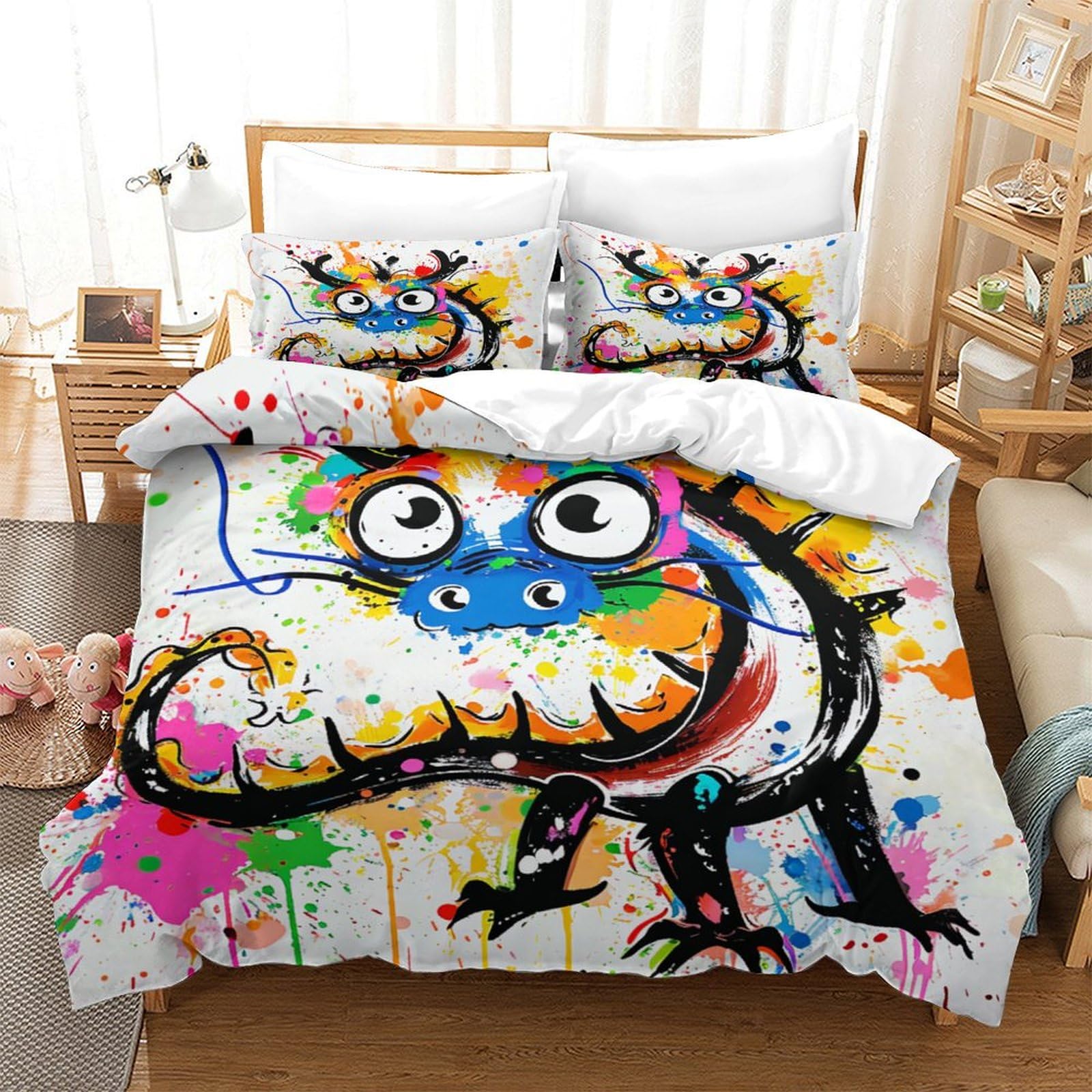 Stampato in 3D Loong cinese Copertina Stampata Microfibra Disegnata Set Di Biancheria Da Letto Con Chiusura A Cerniera Con 2 Federe,Double（200x200cm）, Per Adolescenti E Adulti