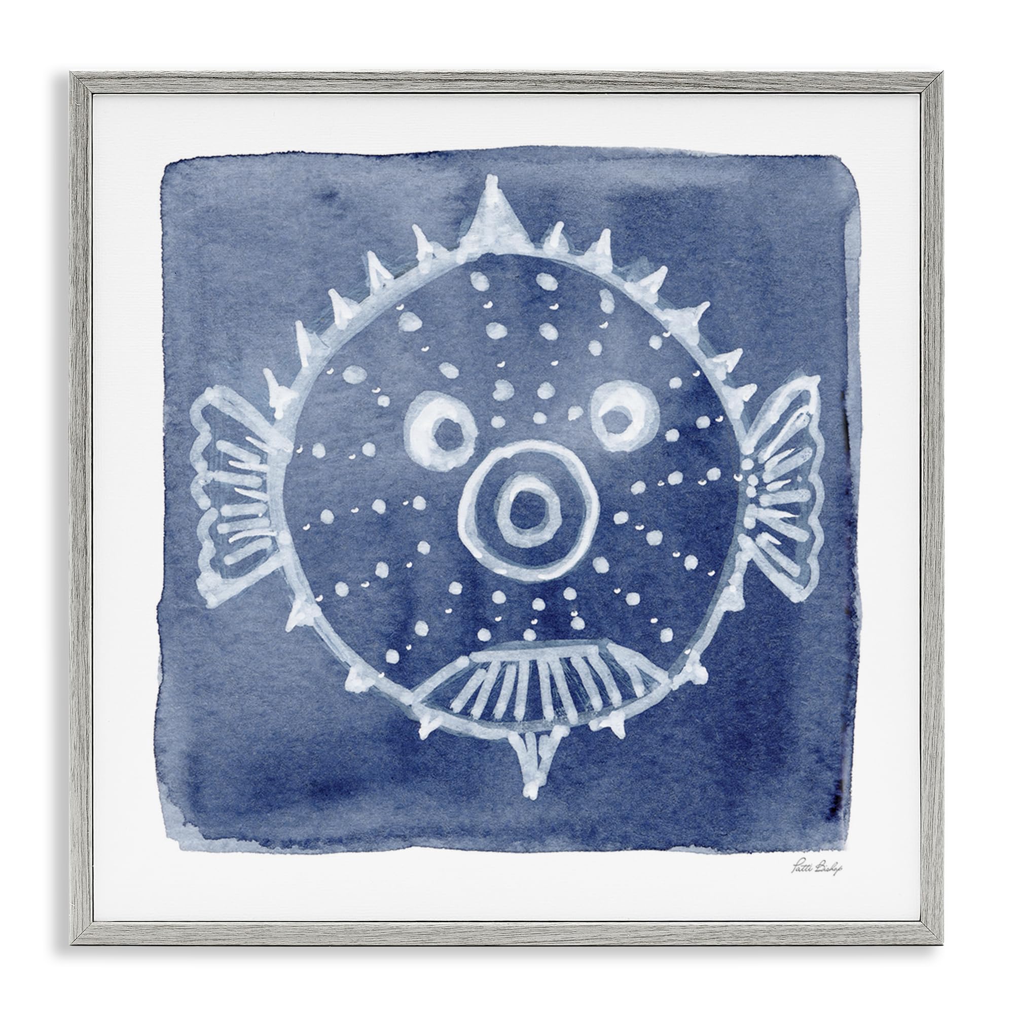 Stupell Industries Farmhouse Gray (Textured) 'White Blow Fish On Indigo'| Framed Giclee Art