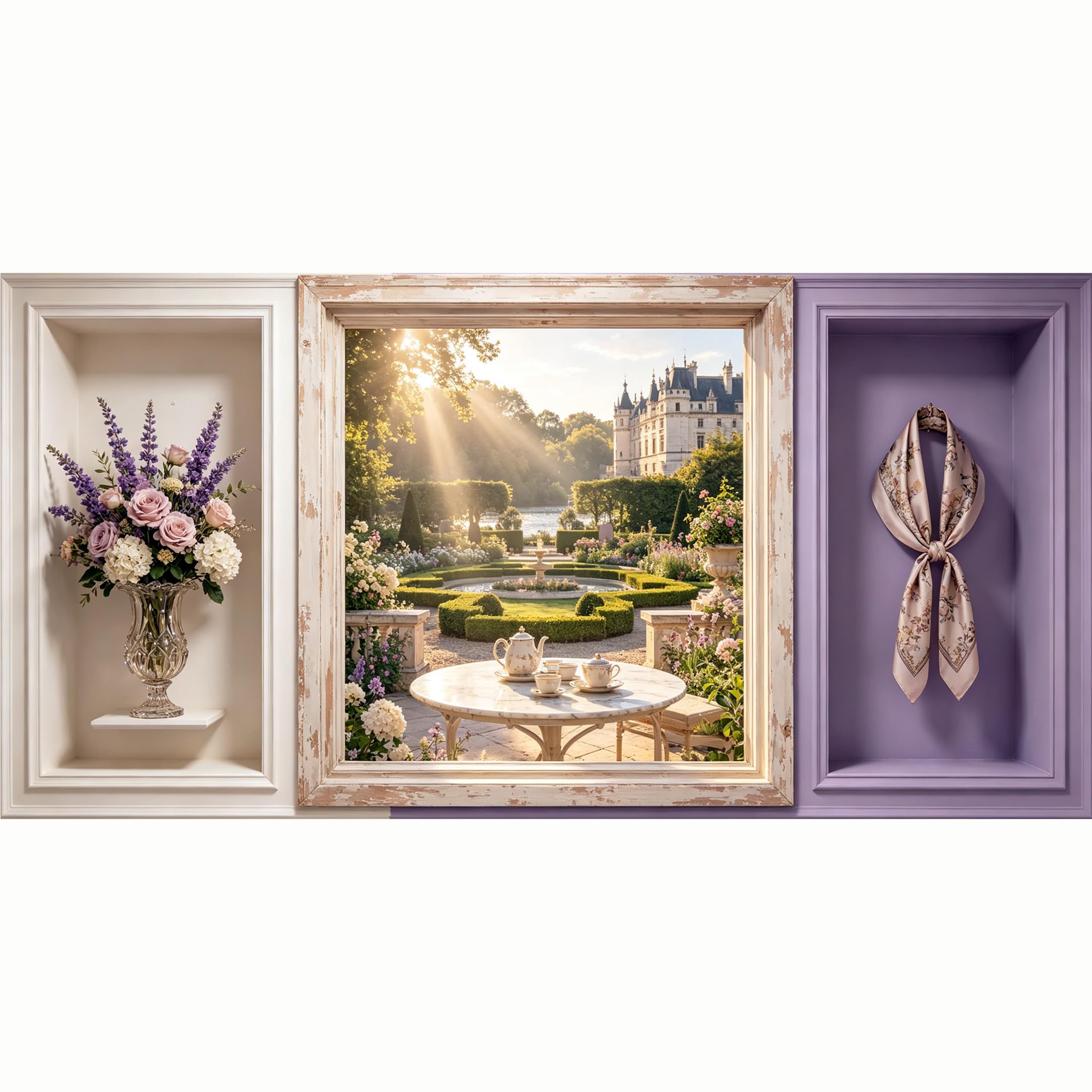QZLITHOTIC 50x100cm 3D Framed Wall Art， European Castle Garden Landscape Vintage Aesthetic SelfAdhesive Mural， WaterActivated Peel & Stick Fabric Decor Wall Decal for Bedroom Living Room