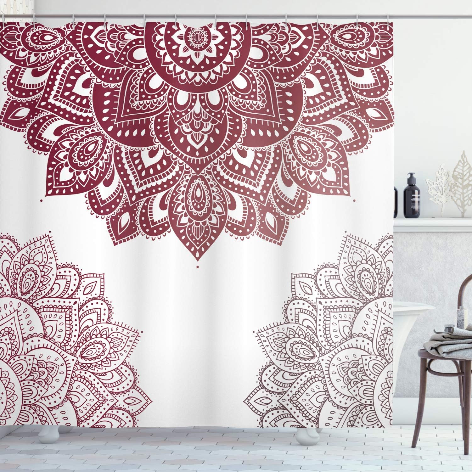 Ambesonne Flora Shower Curtain, South Mandala Design Vibrant Color Ornamental Illustration, Cloth Fabric Bathroom Decor Set with Hooks, 69" W x 84" L, Maroon White
