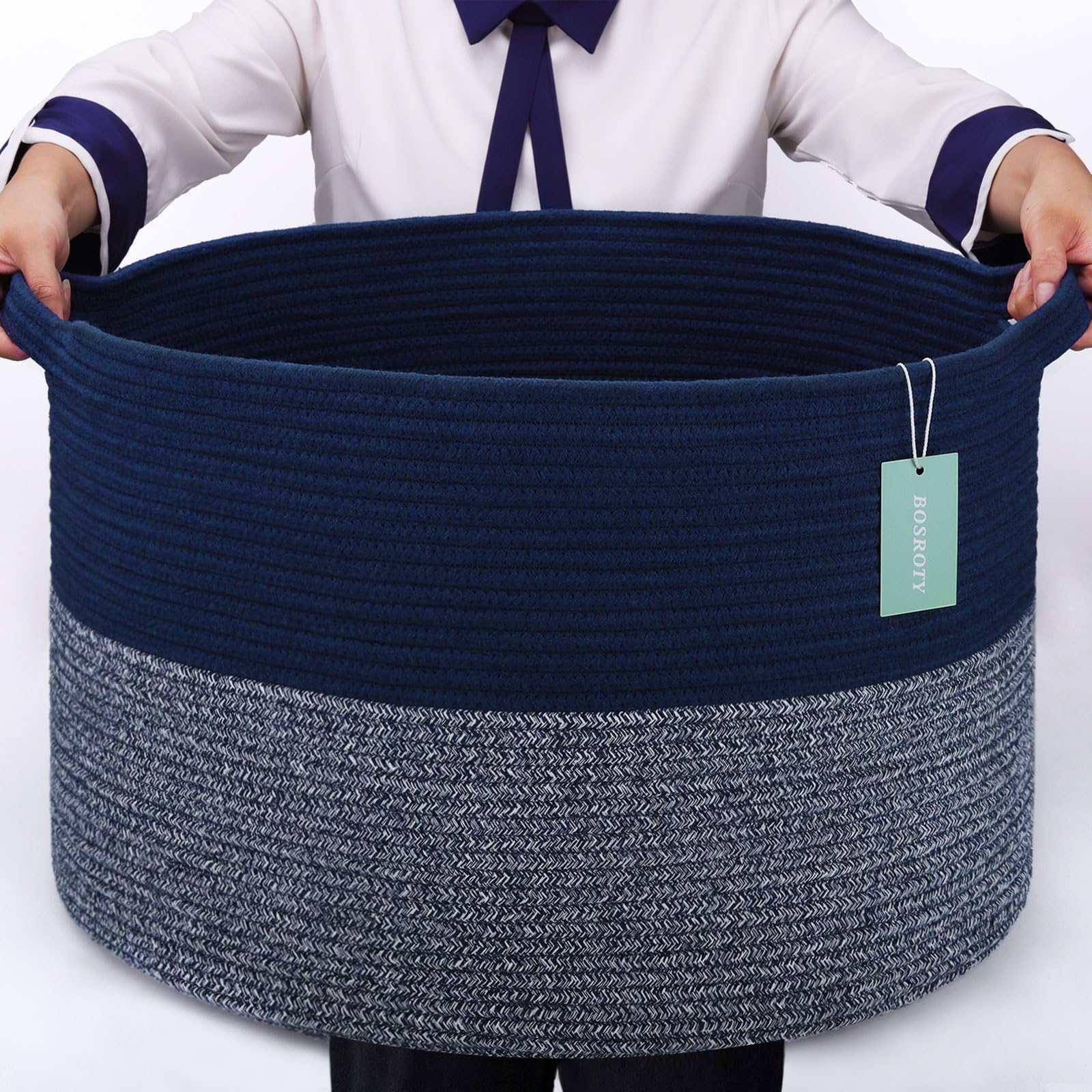 Large Cotton Rope Blanket Basket, 87L Laundry Hamper, Navy Blue