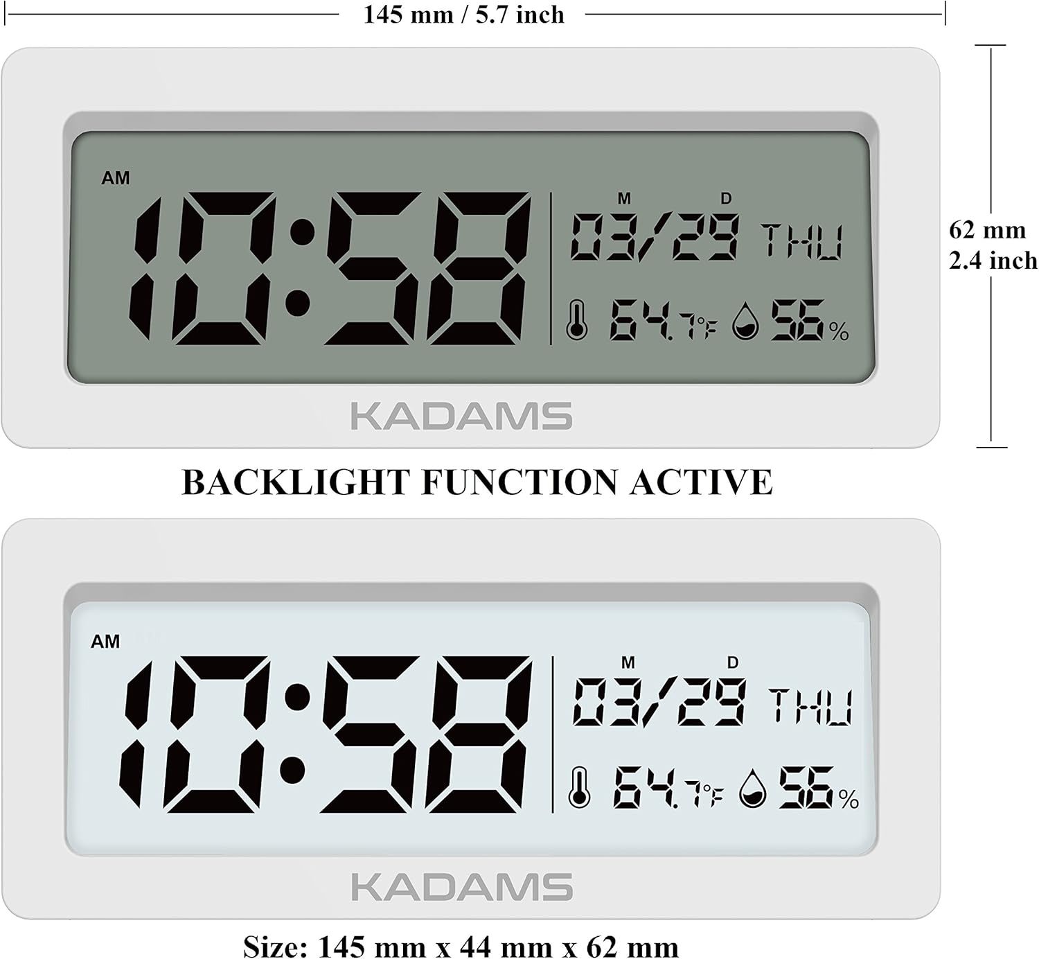 Diagram showing the dimensions of the KADAMS Digital Alarm Clock.