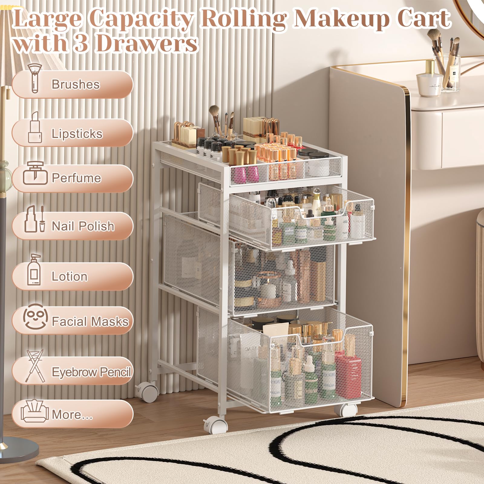 JKsmart Rolling Makeup Cart Organizer with Drawers and Dividers