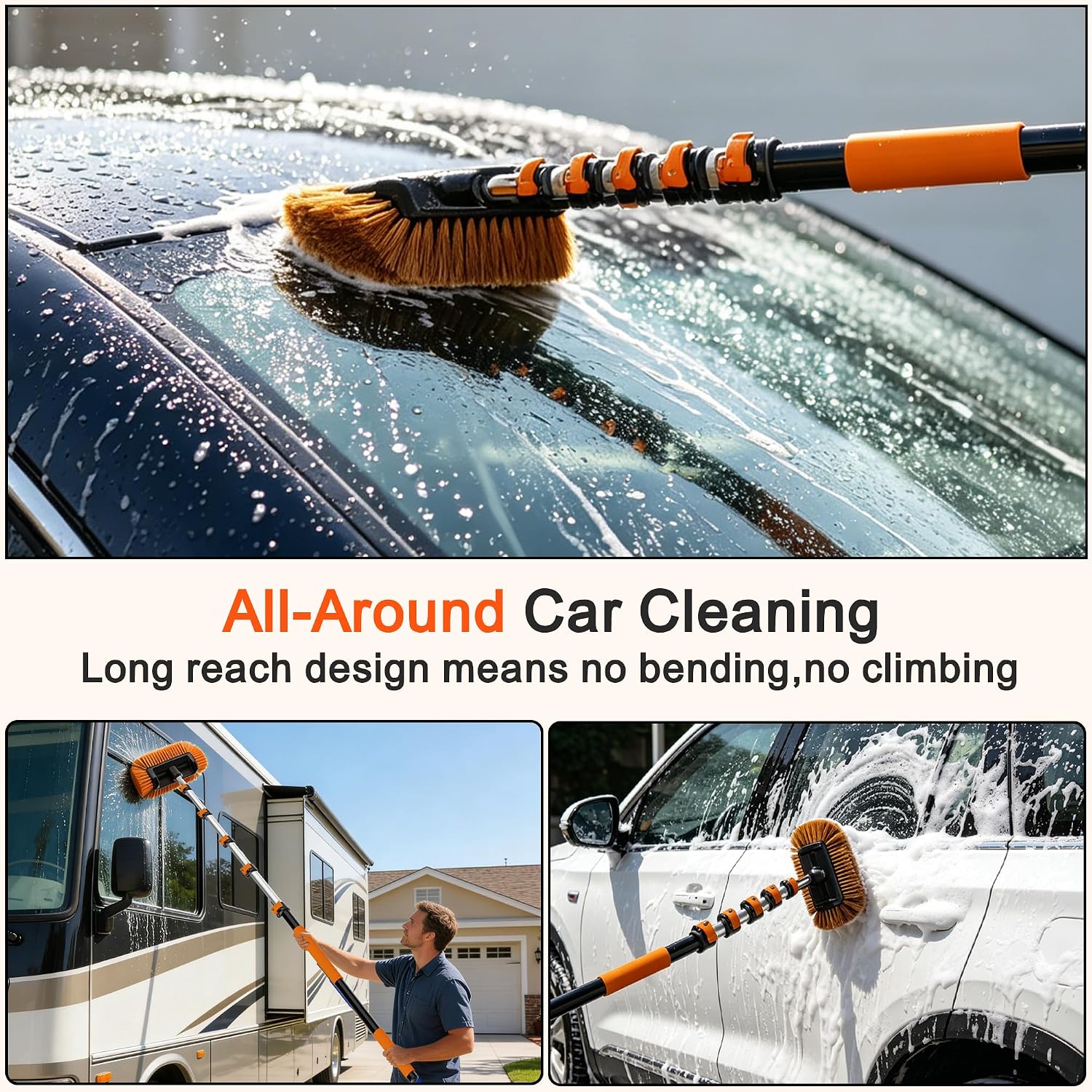 18FT Reach Car Wash Brush with Long Handle, Car Washing Kit with 4-12FT Telescoping Extension Pole, Wheel Brush, Microfiber Cleaning Mop, Mitt, Window Squeegee for Cleaning RV, Truck, Boat thumbnail