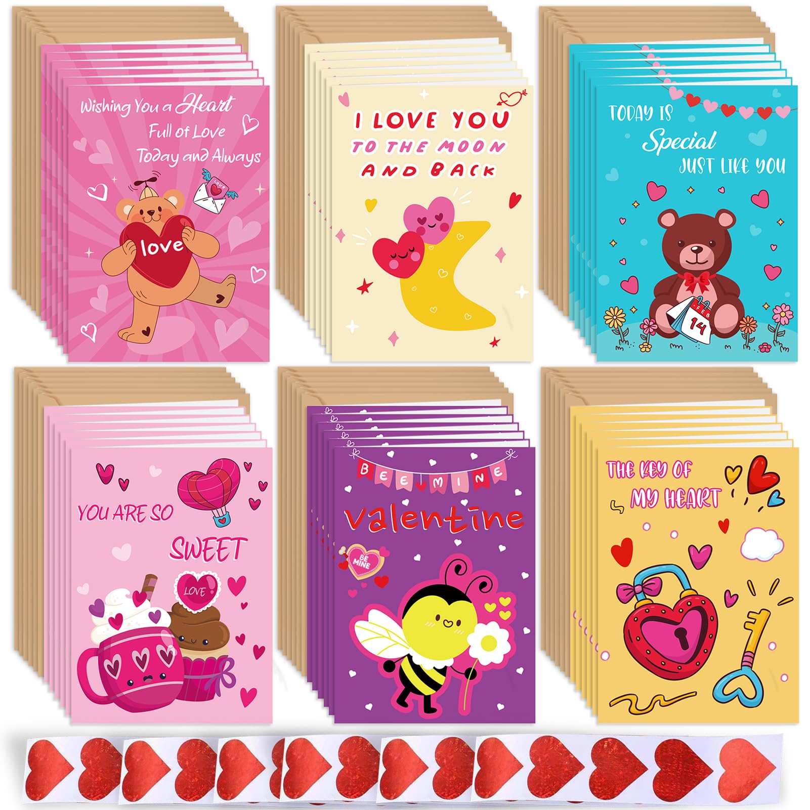 Valentines Cards for Kids, 36 Packs Valentine's Day Cards with Envelopes, School Class Gifts Mini Valentines Card with Sticker for Boys Girls (Mini Cards)