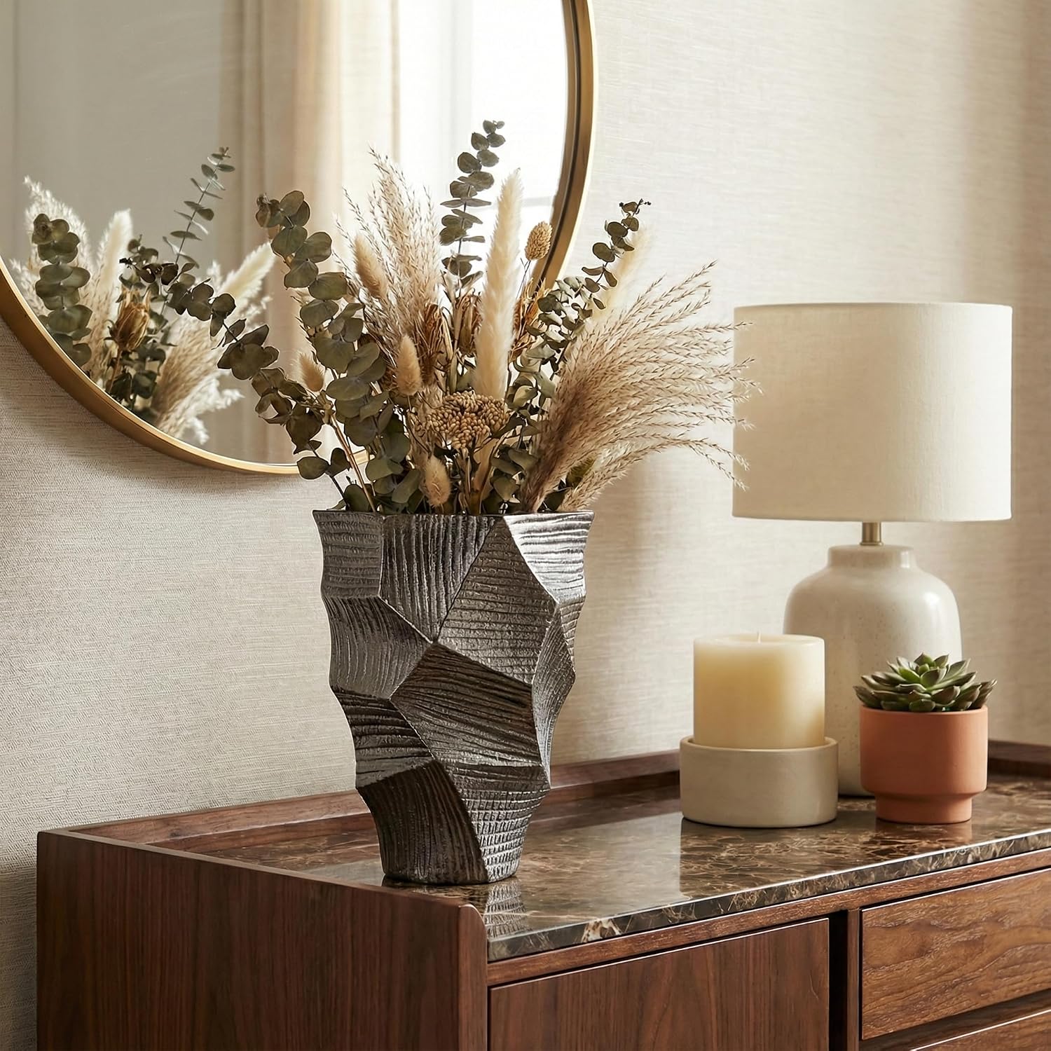 Geometric Metal Vase for Living Room Decor - Home Decor Accents with Faceted Texture Detail - Decorative Flower Vase for Room, Bedroom, House, Office, and Table Styling - 12", Gunmetal & Metallic