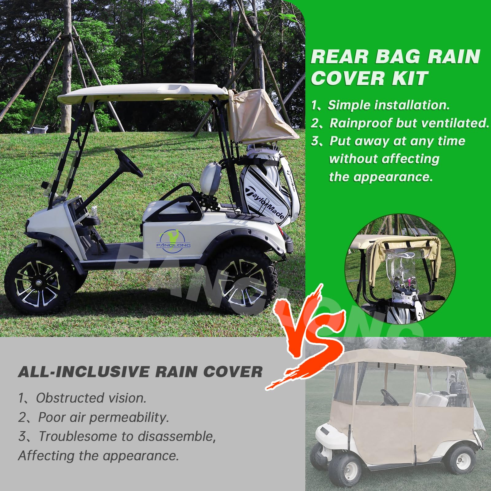 Panglong Universal Golf Cart Rear Bag Rain Cover with Bracket Kit (Beige), Suitable for Club Car, EZGO and Yamaha 2- Seater Golf Cart : Sports & Outdoors