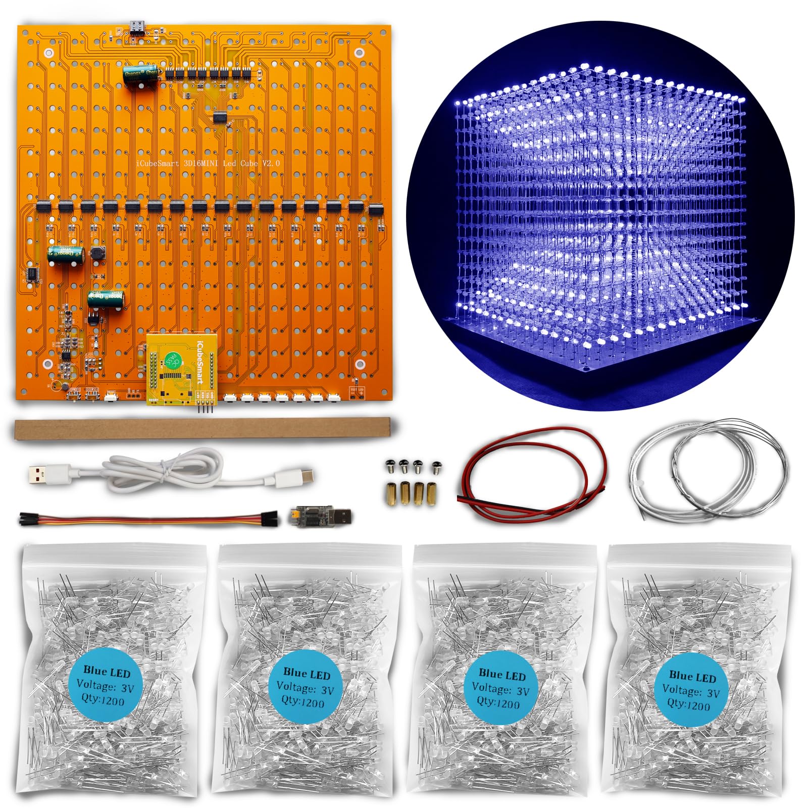 Mini 3D Led Cube DIY Kit Electrónica Kit de Proyecto de Soldadura (3D16MINI-ALLBLUE-KIT)