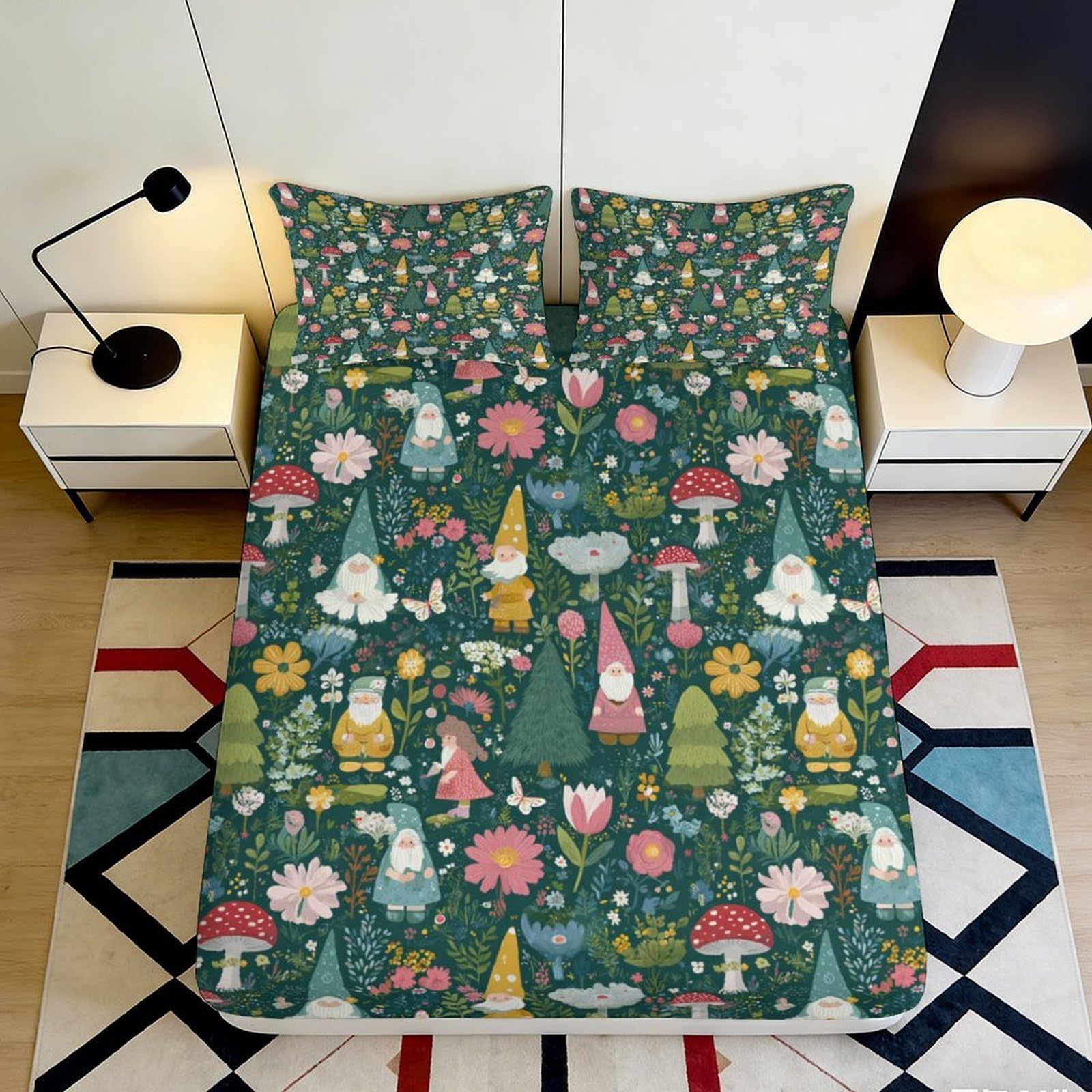3D Printed Forest Gnomes Fitted Sheet Microfiber Anti-Slip Floral Woodland Mattress Cover for Bedroom Dorm Decor 90x200x25cm