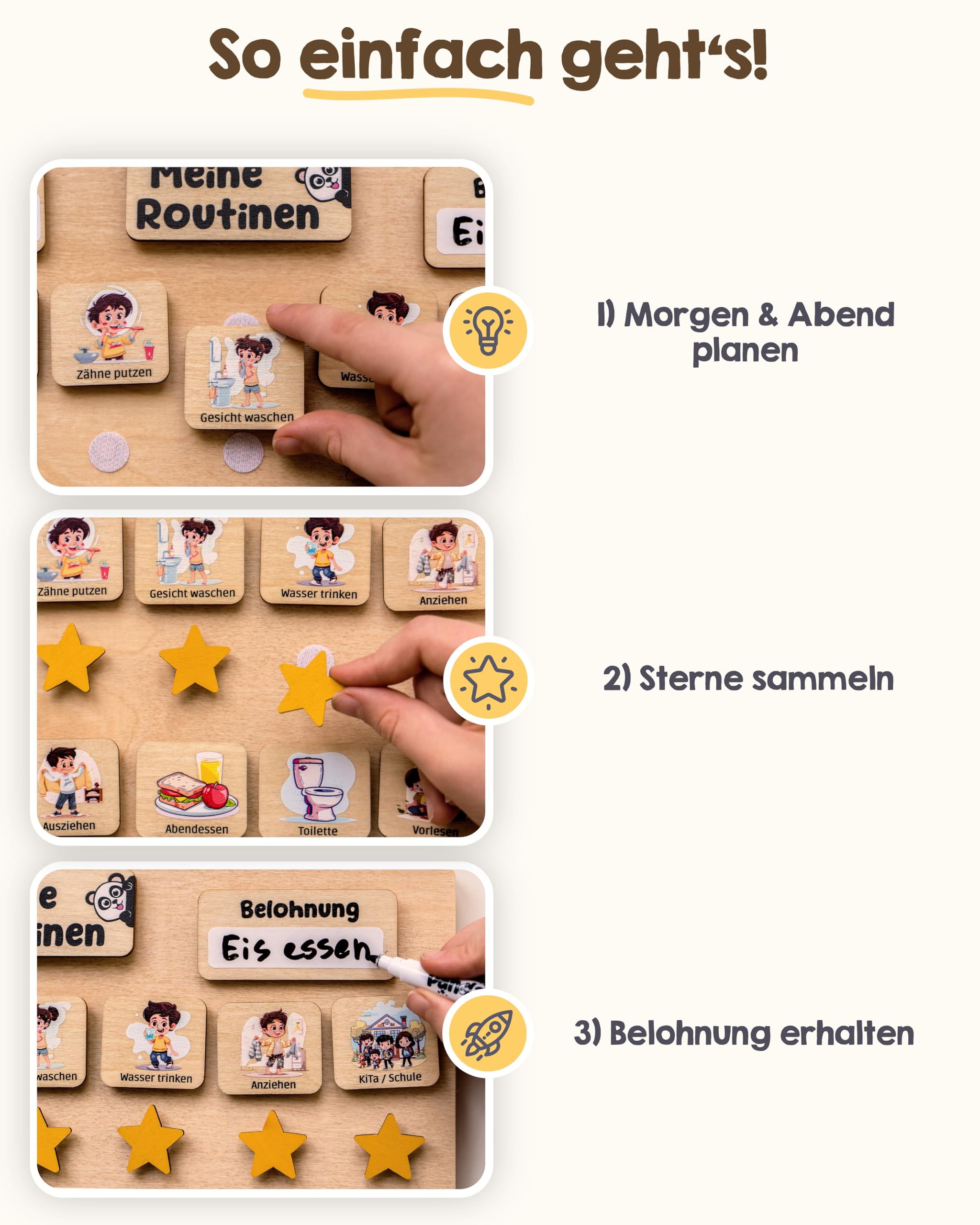 PANDABANDE Premium Routine Planer Kinder Holz - 100% FSC®-zertifiziert | Morgenroutine und Abendroutine mit 84 Karten & Sternen - Tagesplaner Kinder Routine - Routineplaner für Morgens und Abends