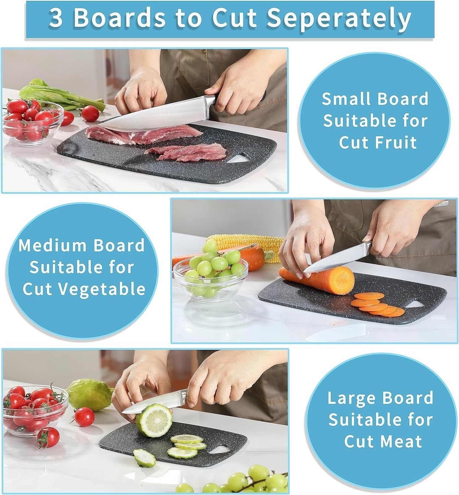 Tabla de Corte Profesional Tablas De Cortar De Cocina De 3 Piezas, Tablas De Cortar Gruesas para Carne, Verduras, Frutas Sin BPA, Aptas para Lavavajillas Resistente y Antideslizante