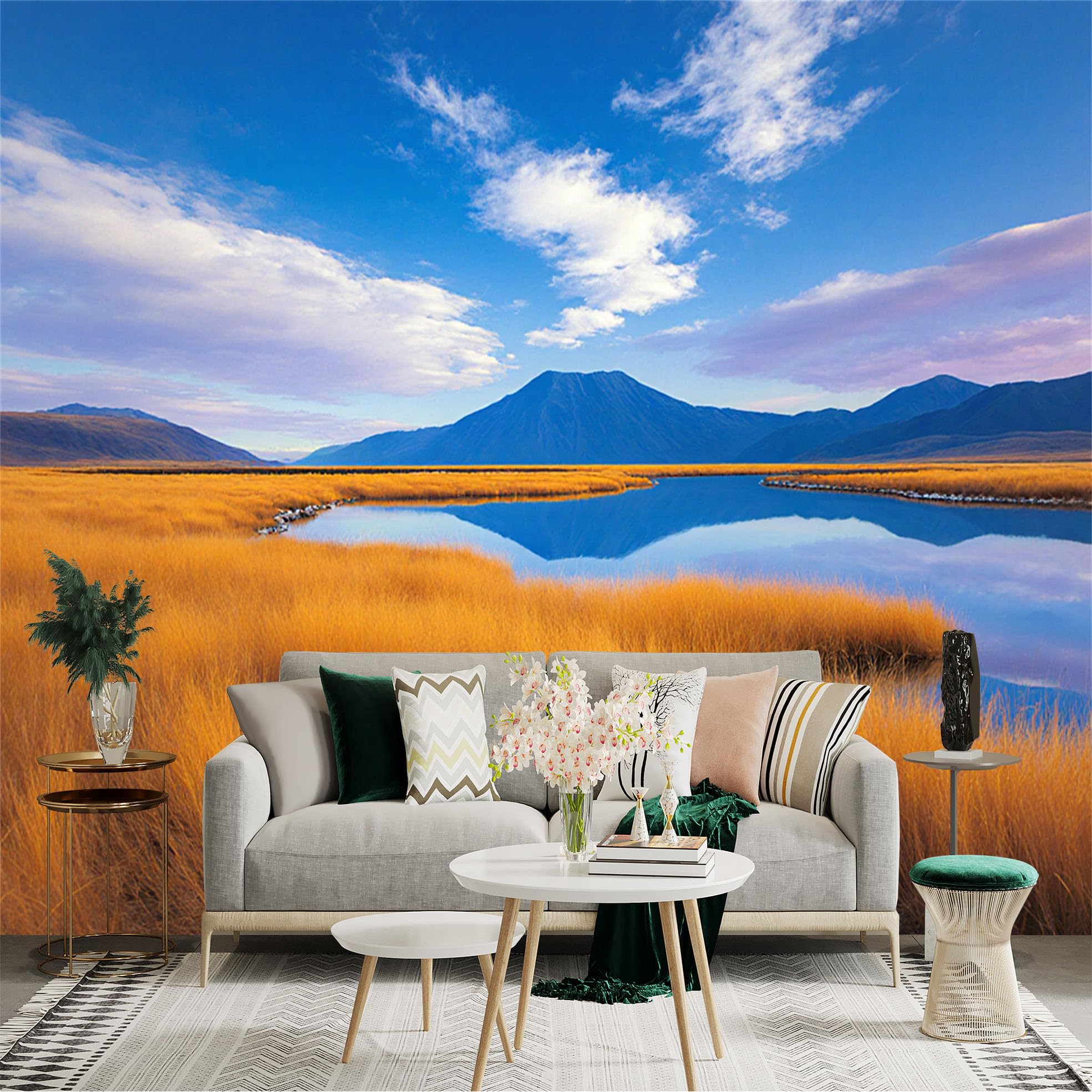 Custom Size Wall Sticker Mural， Golden Autumn Prairie， Serene Blue Lake， Majestic Mountain Scenery， Beautiful Natural Landscape， for wall Decoration， peelandstick wall Decals.