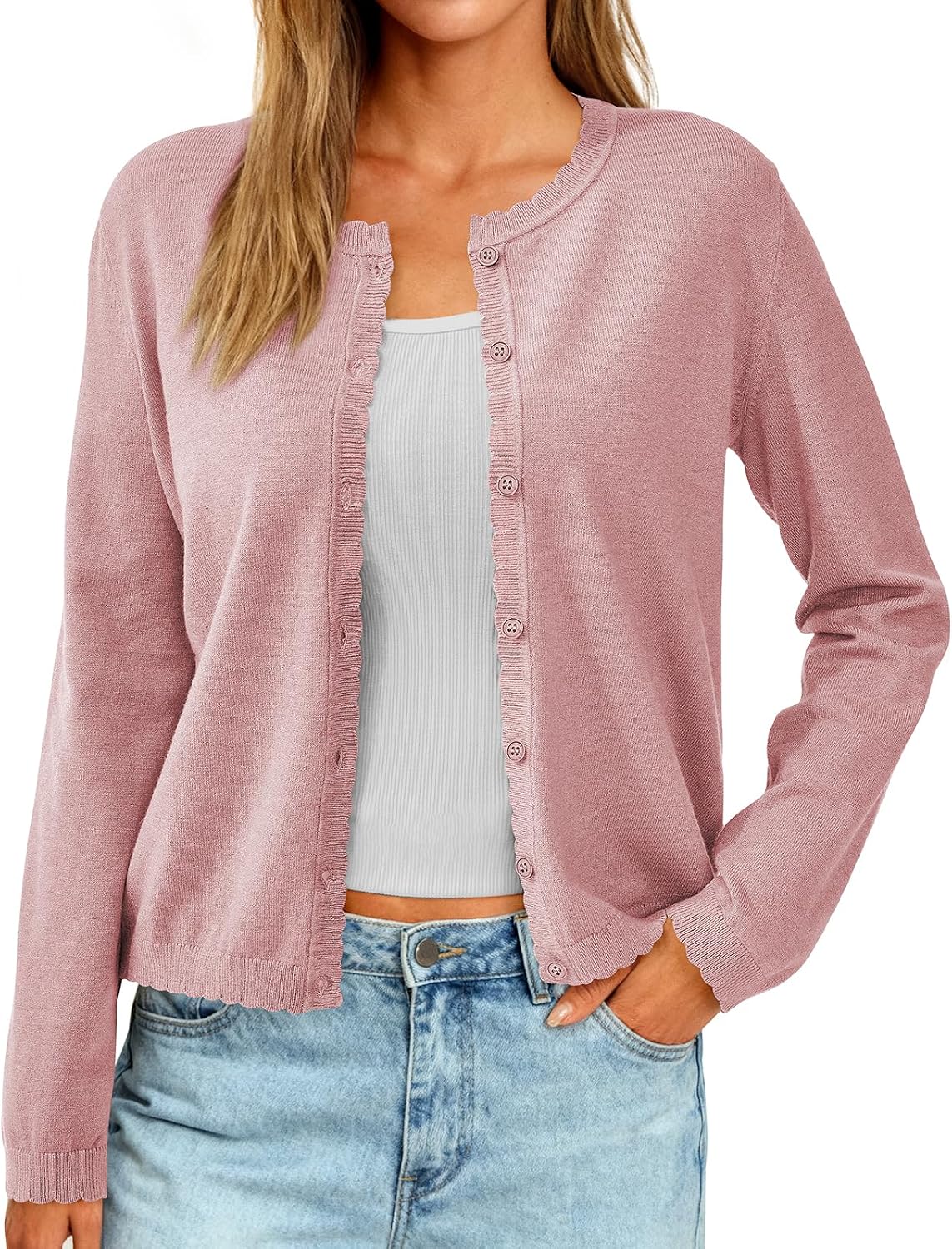 PRETTYGARDEN Long Sleeve Cardigan Sweaters for Women Lightweight Scalloped Ribbed Knit Sweater Women Spring Clothes 2026